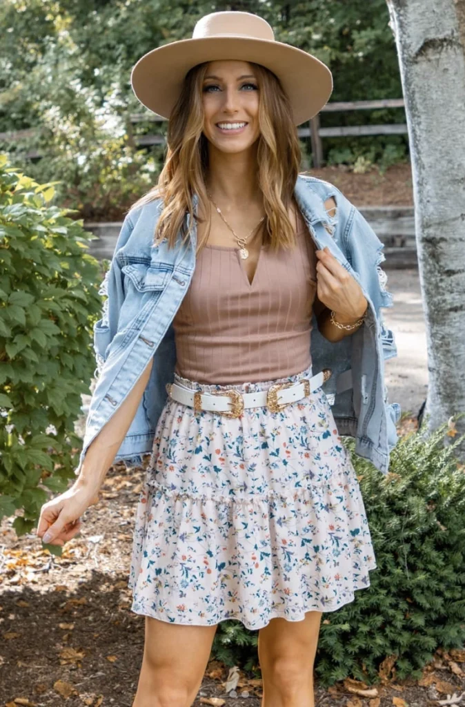 A casual floral skirt with a white belt, featuring a light background and colorful flower patterns, perfect for summer outings.