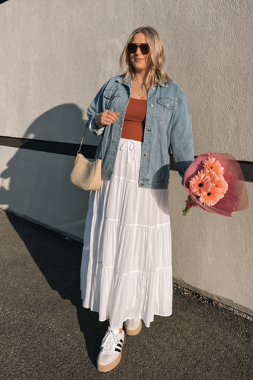 Long white tiered maxi skirt paired with a brown tank top and denim jacket, ideal for casual outings or summer events.