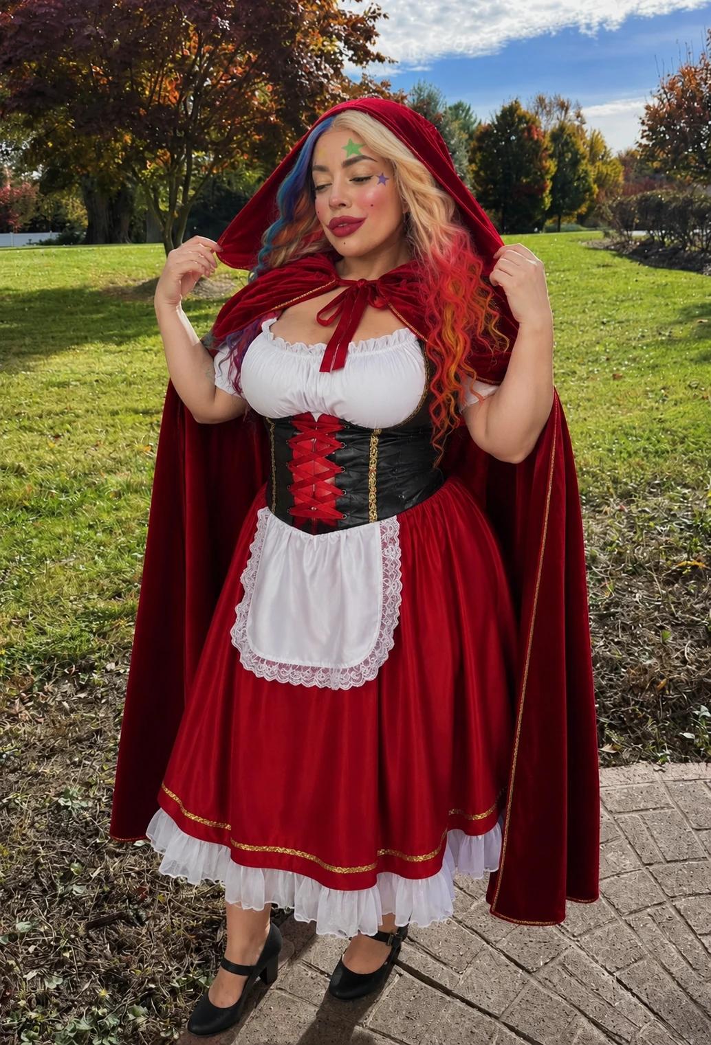 Red velvet hooded dress with white peasant blouse, black corset lacing, lace apron, and black heels outdoors.