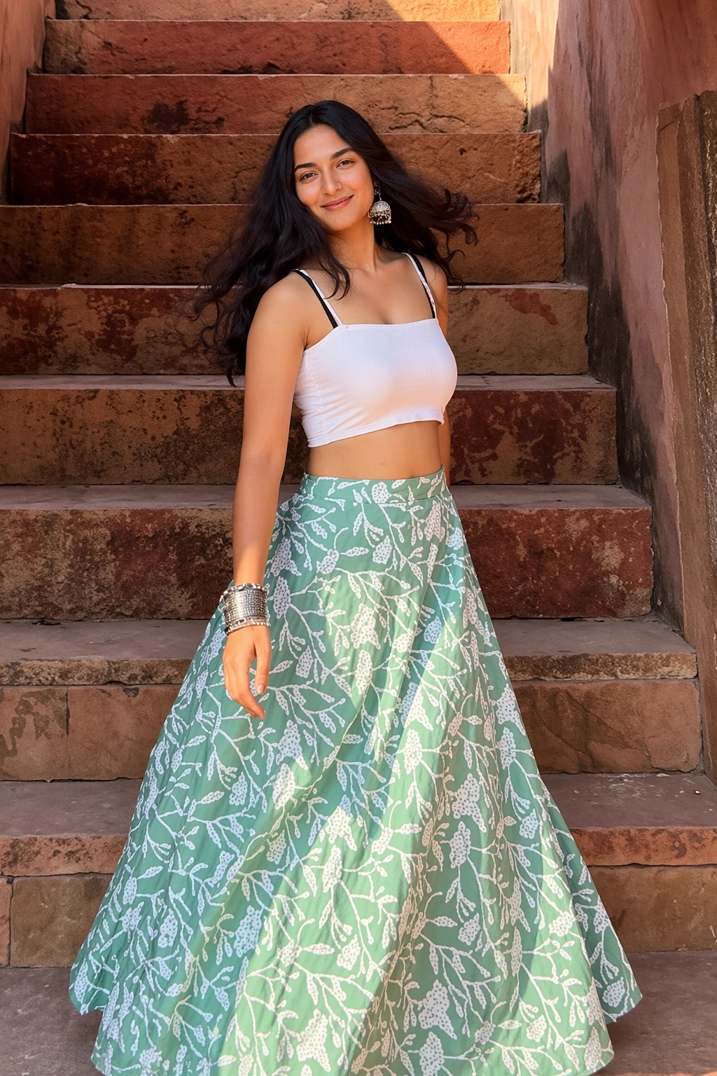 A bohemian-style outfit featuring a floral print maxi skirt in green and white, paired with a white crop top, ideal for casual outings.