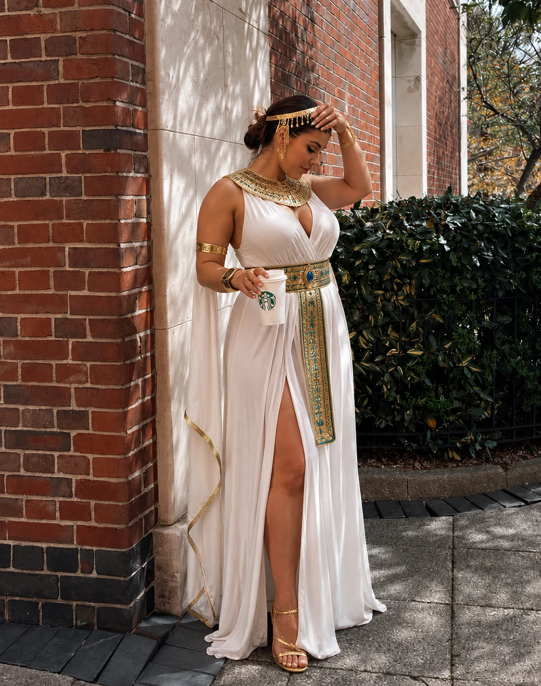 White draped Grecian-style gown with gold trim, matching jewelry, high slit, and takeaway coffee cup.