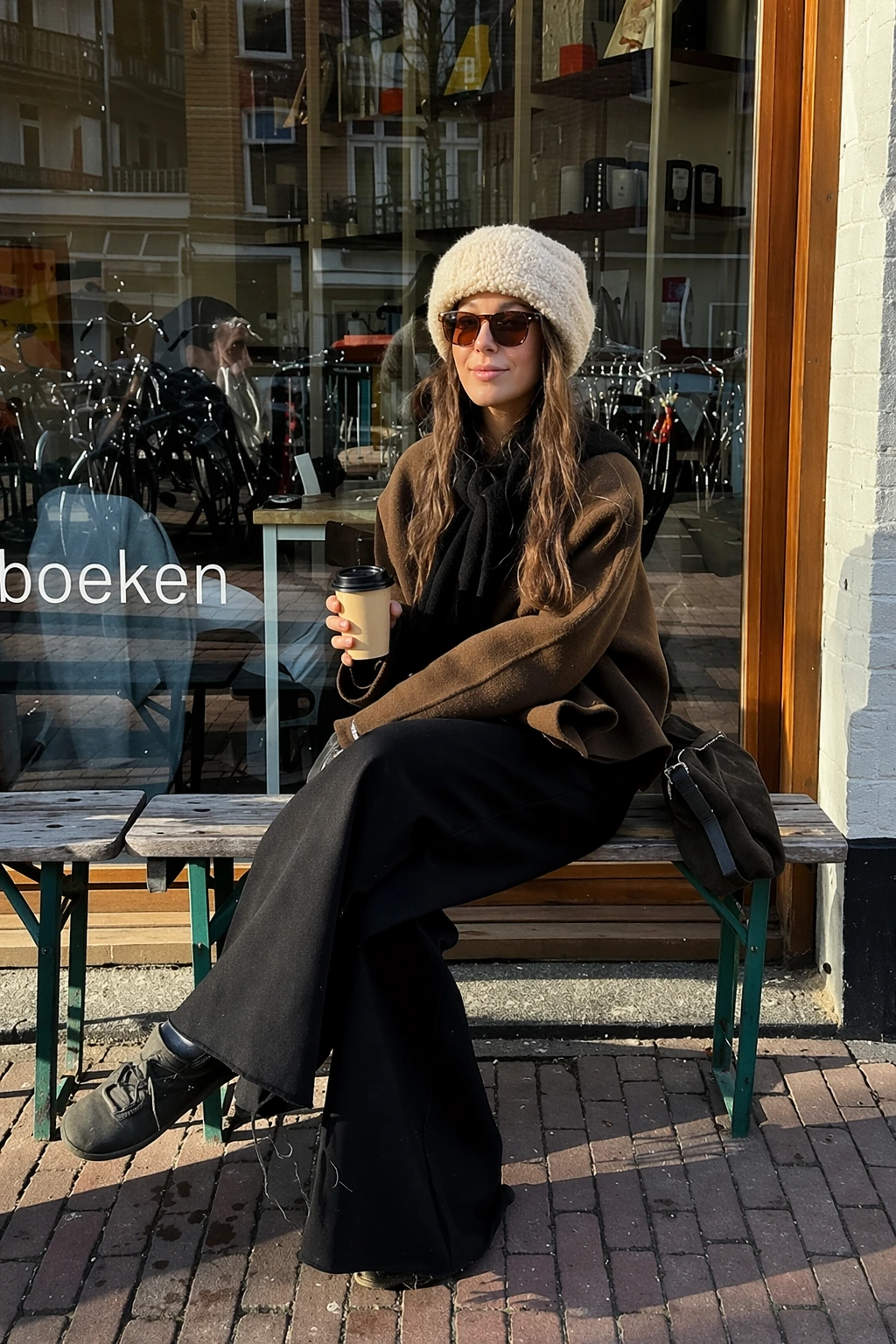 Casual black flare jeans paired with a brown oversized sweater and a cream knit hat, perfect for a stylish day out.