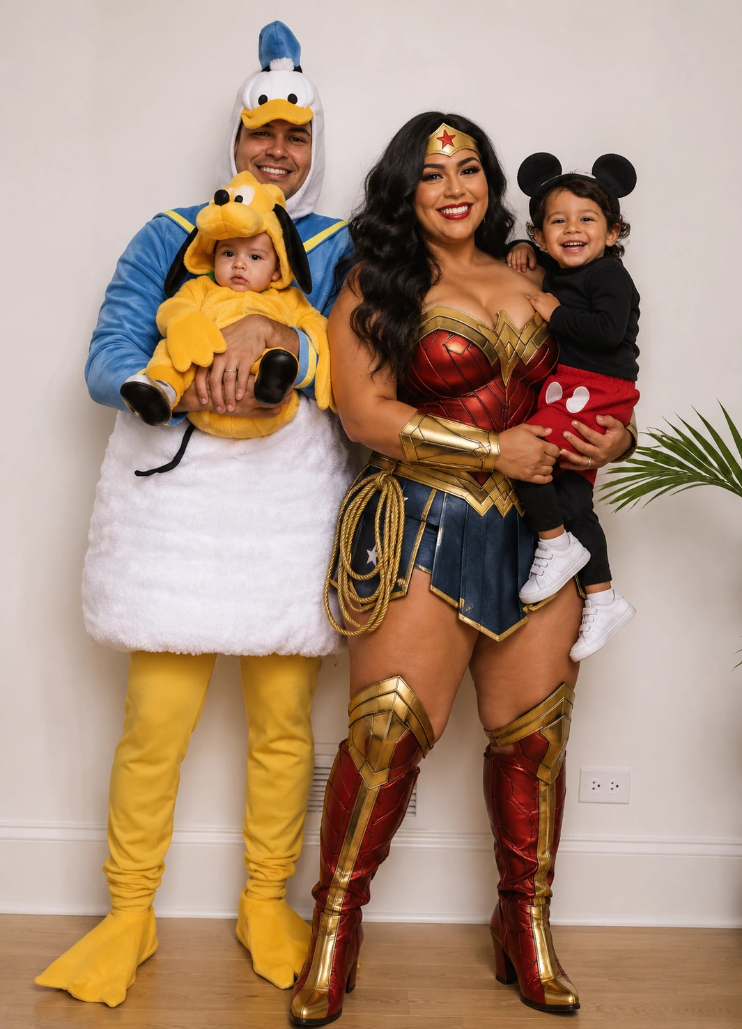 Group costume featuring Wonder Woman, Donald Duck, and two children in Mickey-inspired outfits indoors.