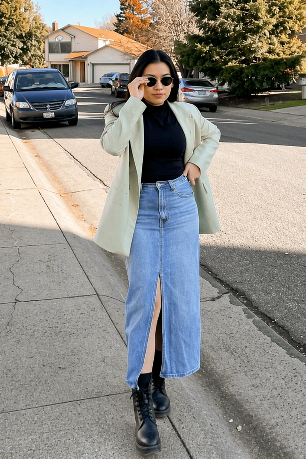 Long denim skirt with a high slit, styled casually with a black top and light blazer, perfect for everyday wear.