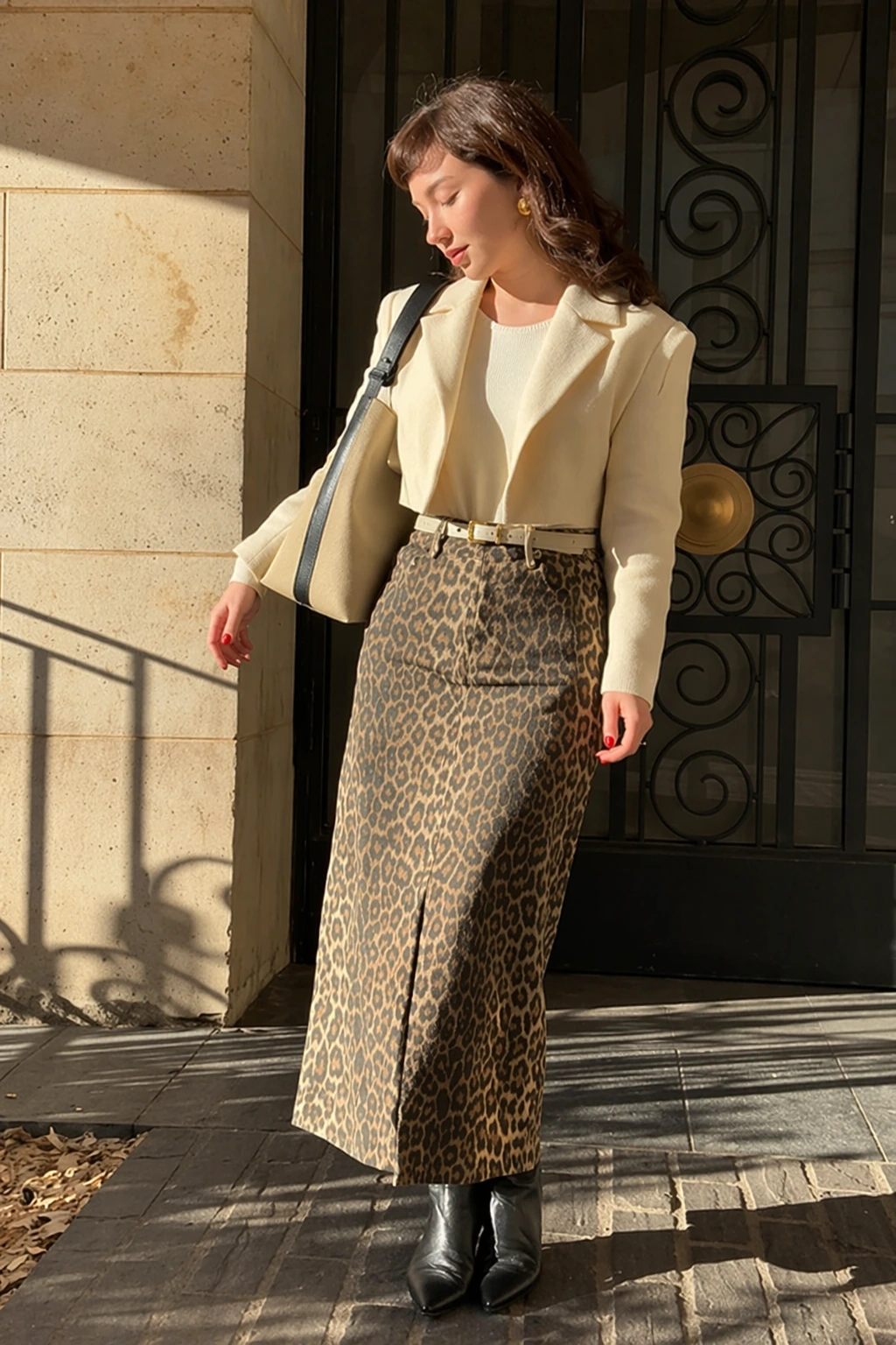 A leopard print skirt and matching jacket set, featuring a fitted style, suitable for casual outings or trendy events.