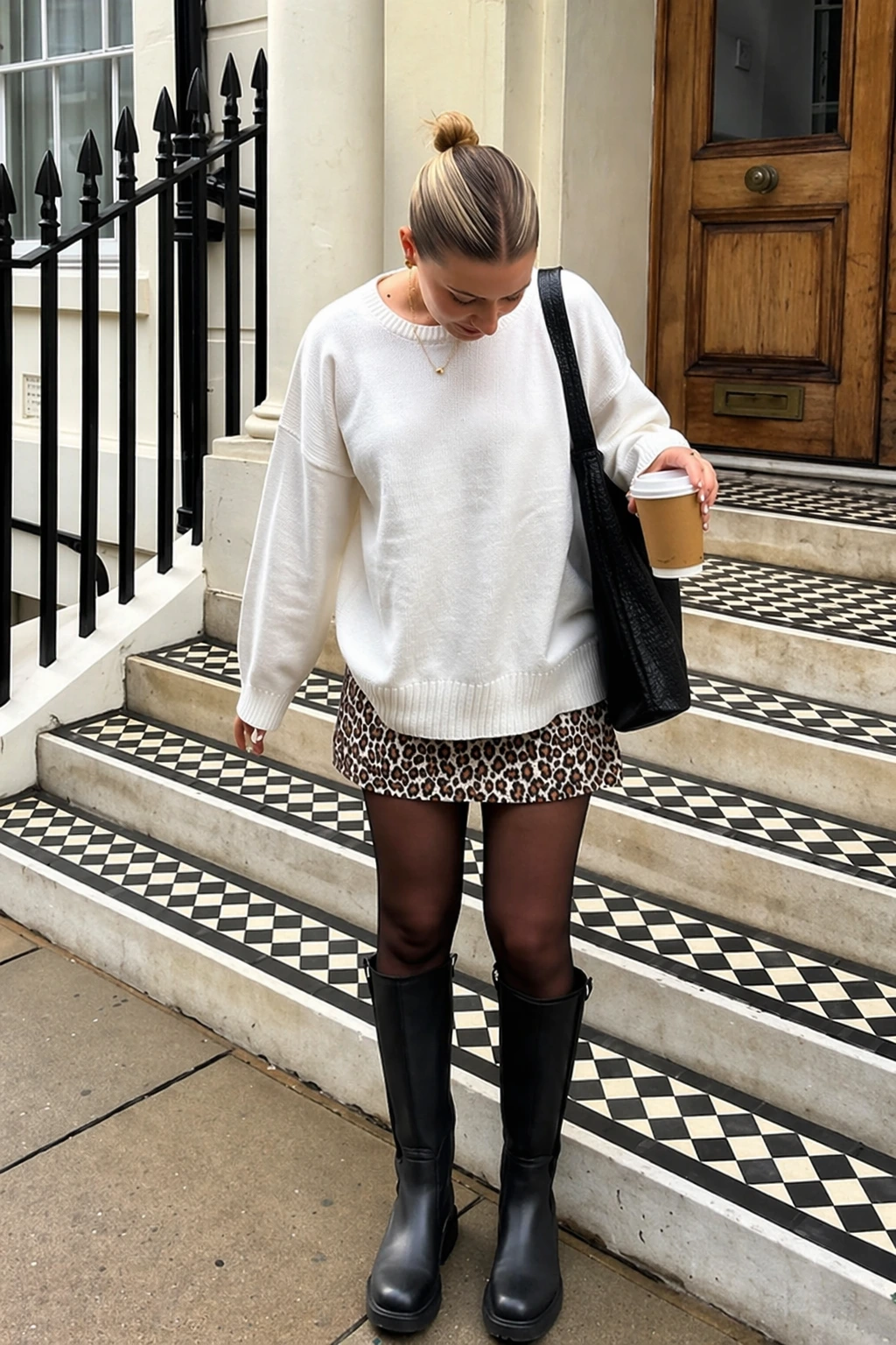 Casual leopard print mini skirt paired with an oversized white sweater and knee-high black boots, perfect for everyday outings.