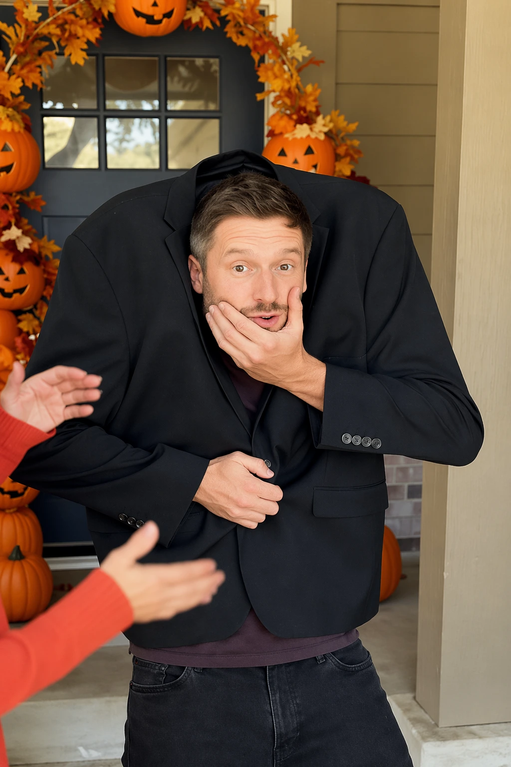 Man wearing a giant black blazer costume at a Halloween doorway, surrounded by pumpkins and autumn decorations.