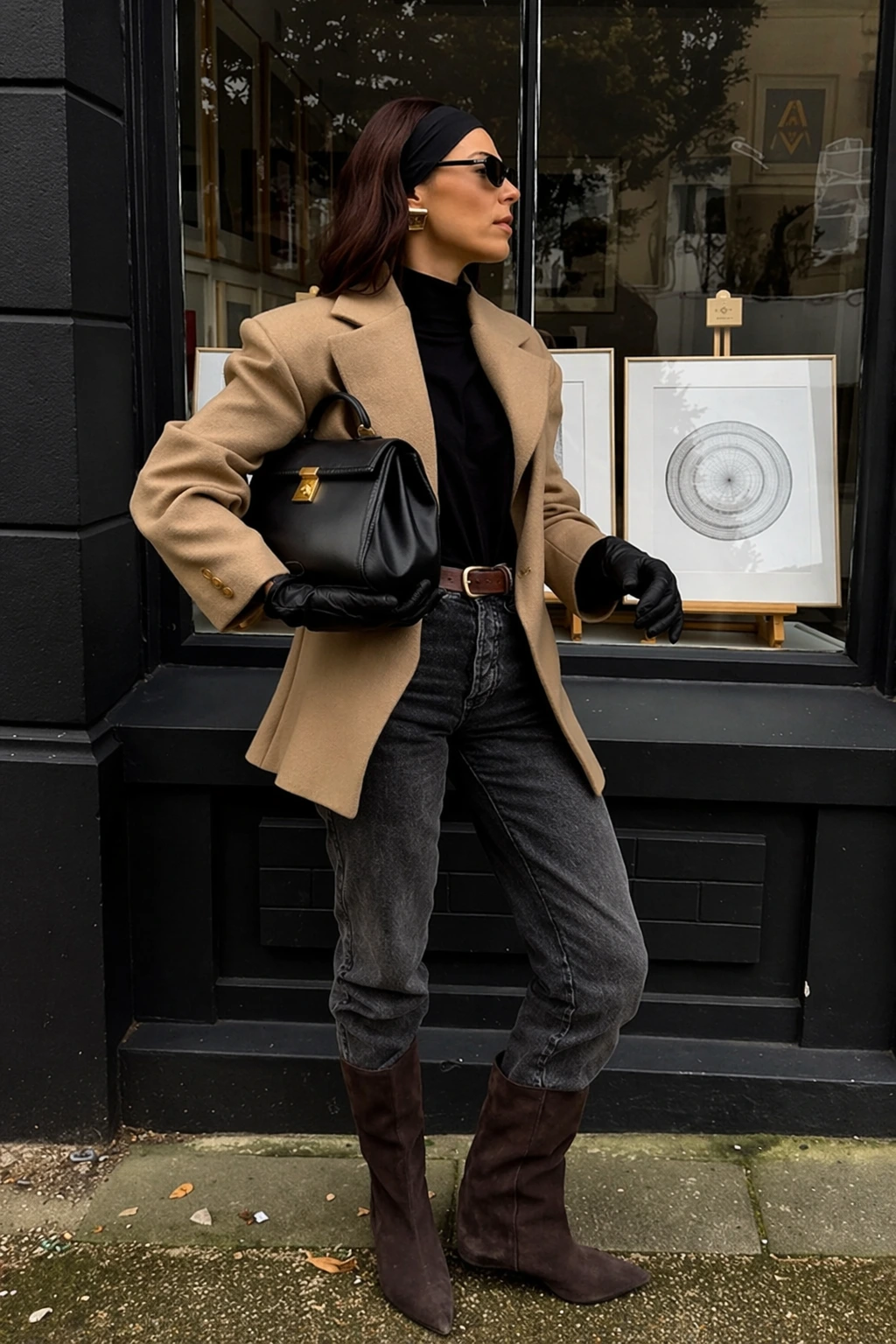 Beige blazer with black turtleneck, black jeans and brown knee-high boots