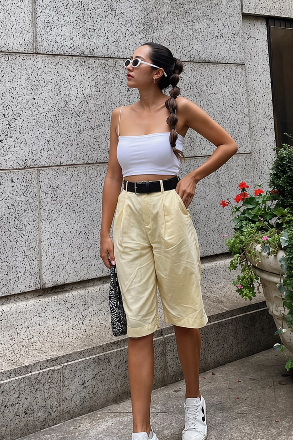Casual outfit featuring yellow bermuda shorts, a white fitted tank top, and stylish sneakers, perfect for summer outings.