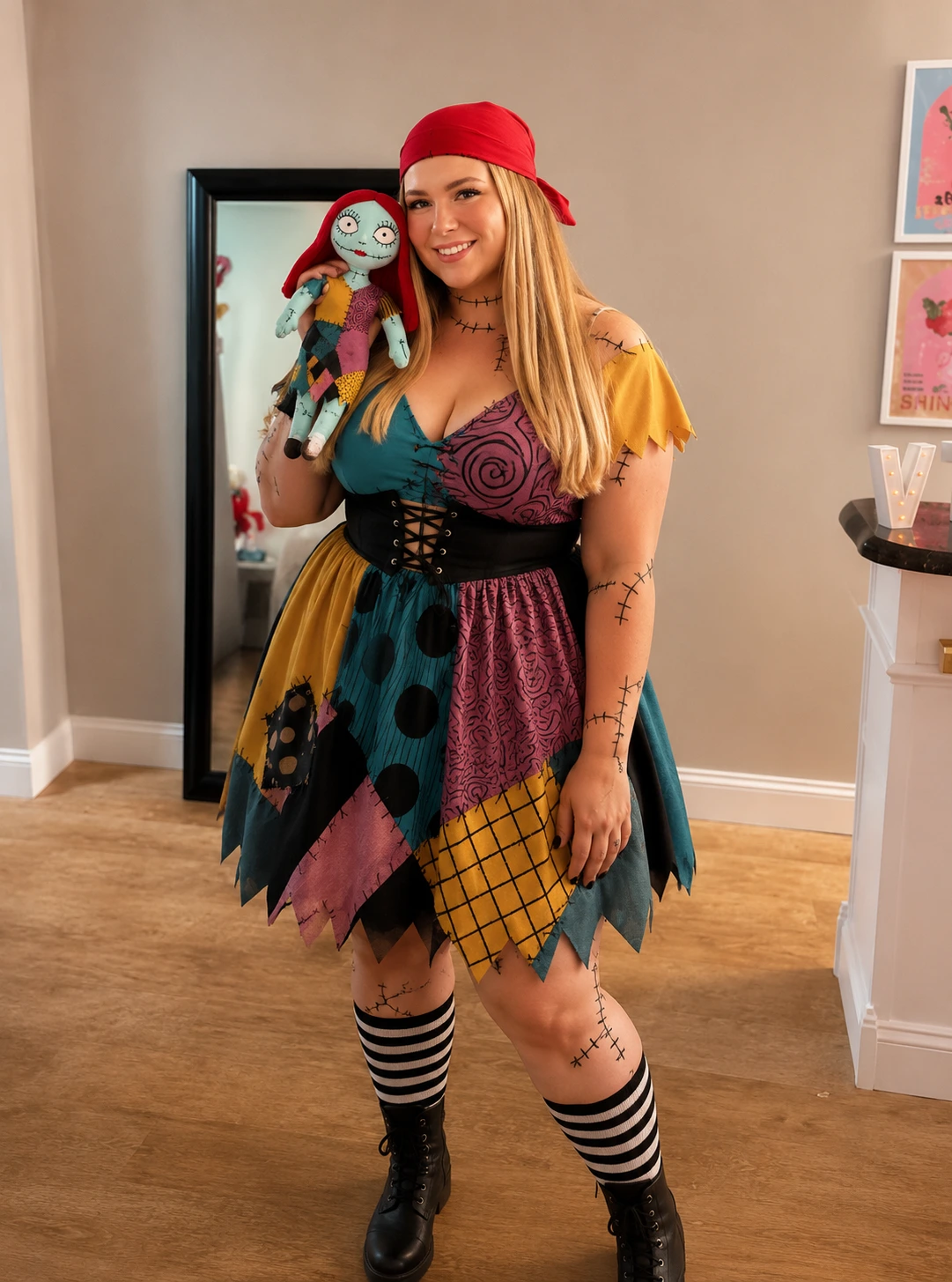 Colorful patchwork rag doll dress with stitched details, red headscarf, striped socks, boots, and plush doll.