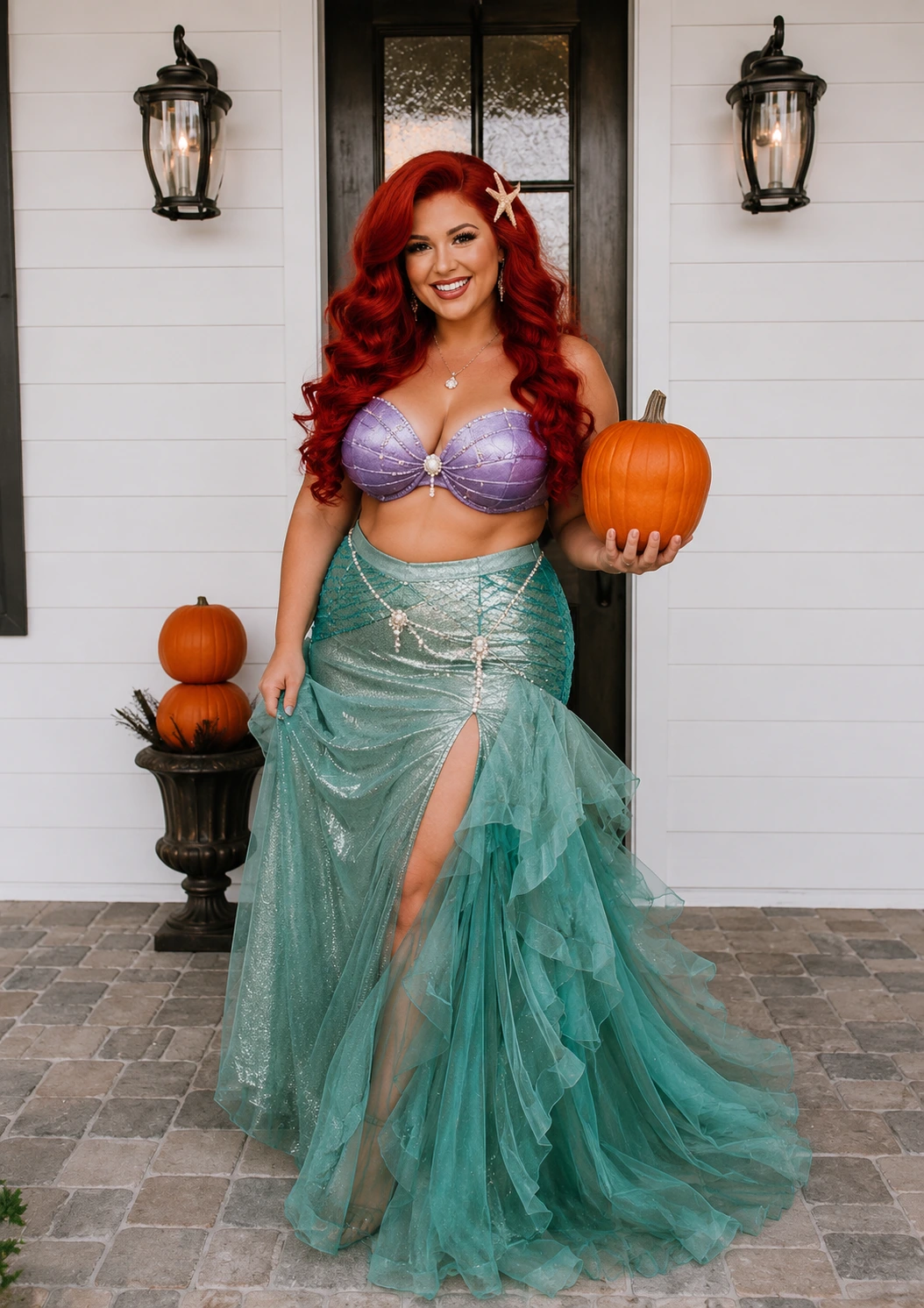 Red-haired mermaid-inspired costume featuring purple shell top, teal layered skirt, thigh slit, and pumpkin accessory.