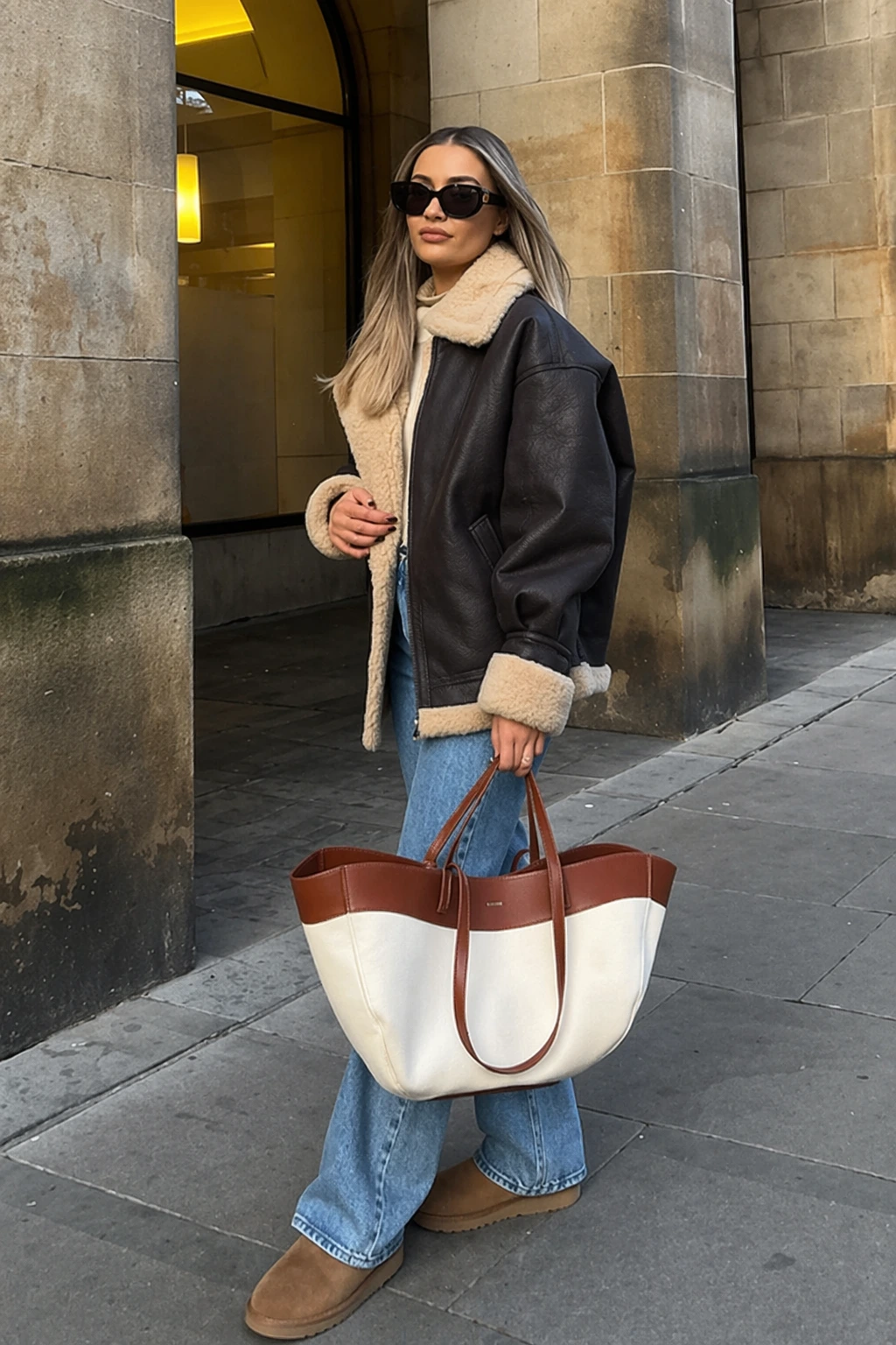 Black faux fur jacket with cream knit sweater and light blue flared jeans