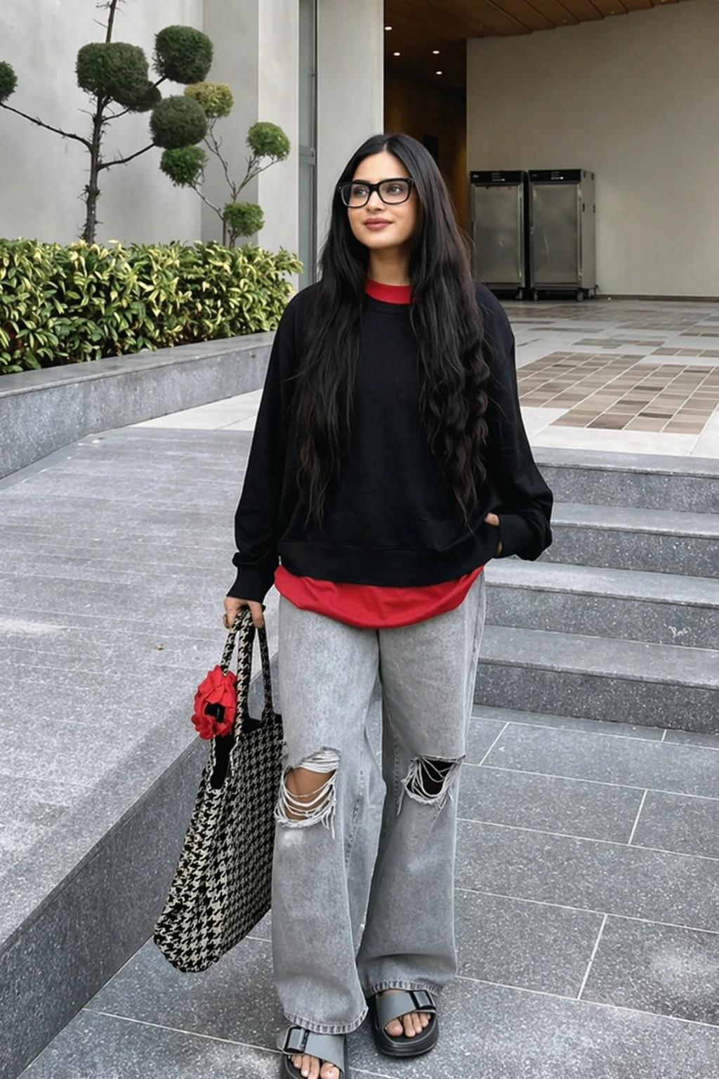 Black oversized sweater with red layered tee and distressed wide-leg jeans