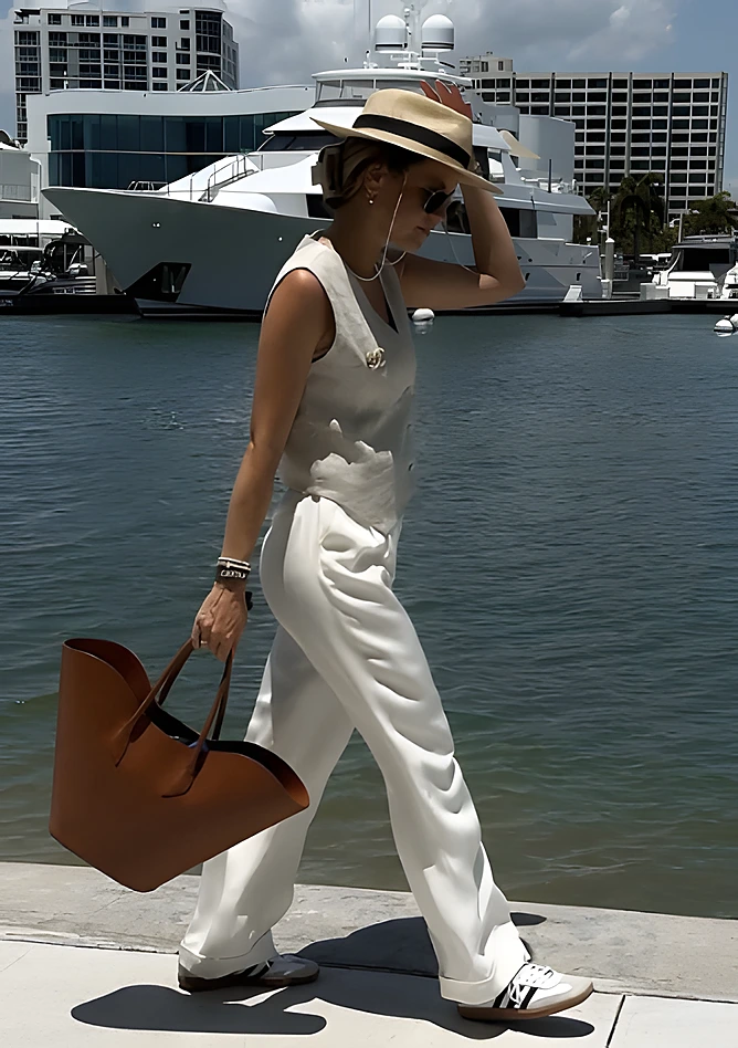 Light beige sleeveless top paired with flowy white trousers and stylish sneakers; perfect for casual summer outings or brunch.