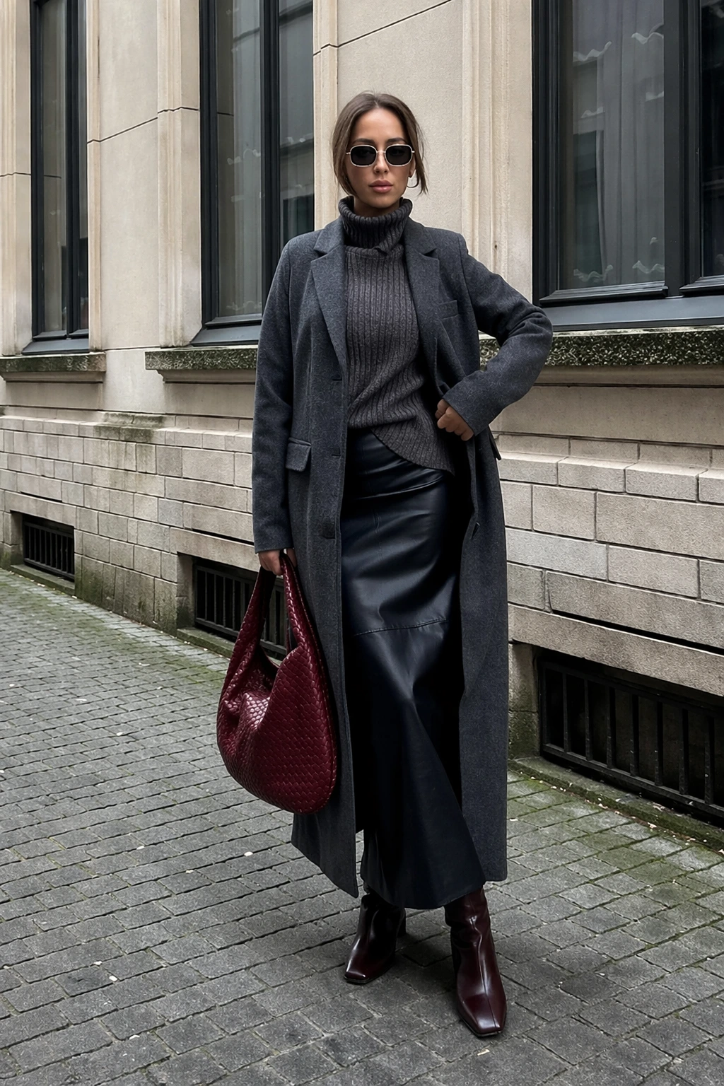 Long black leather skirt paired with a gray turtleneck and a tailored coat, perfect for chic urban outings.