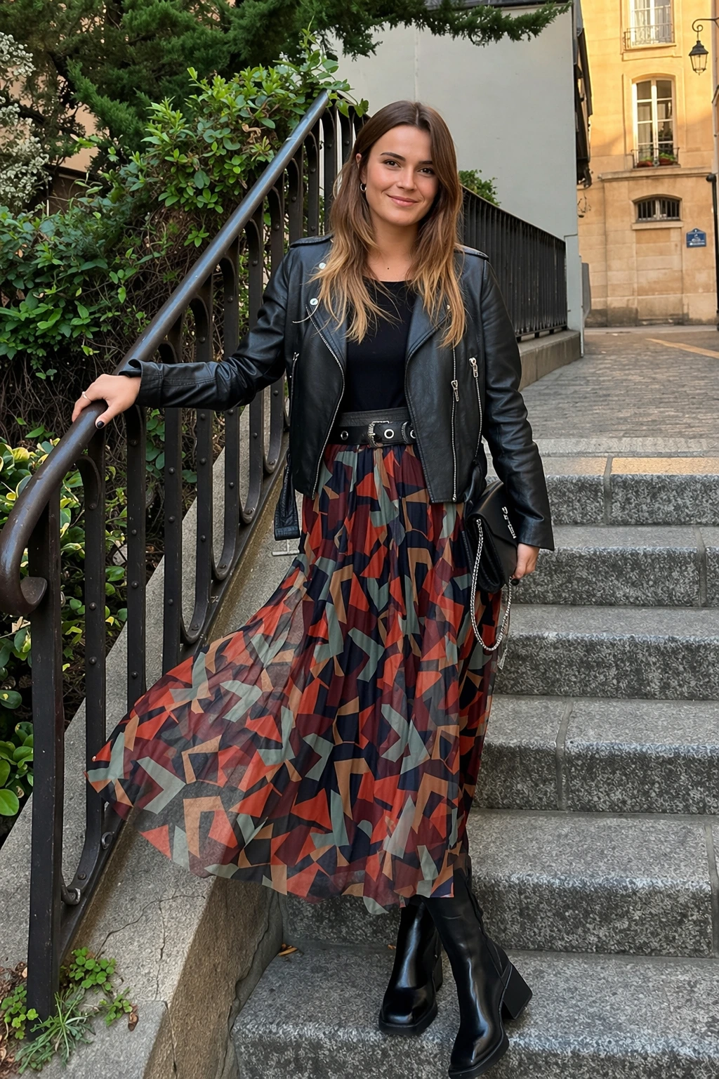 Long geometric print skirt in earthy tones, styled with a black top and leather jacket, perfect for casual outings.