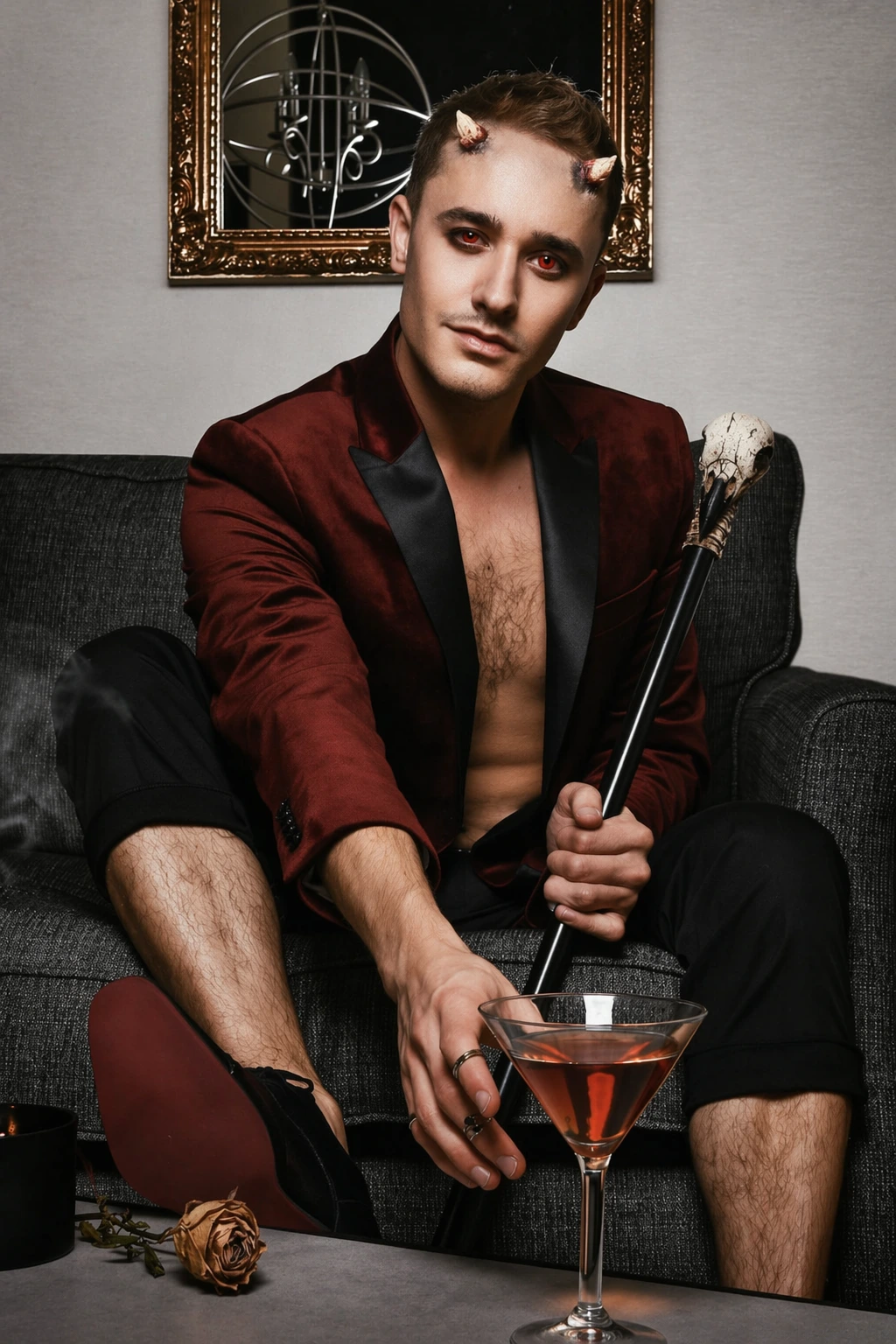Man lounges on a sofa in burgundy blazer, black trousers, horn headband, and holding a skull-topped cane.