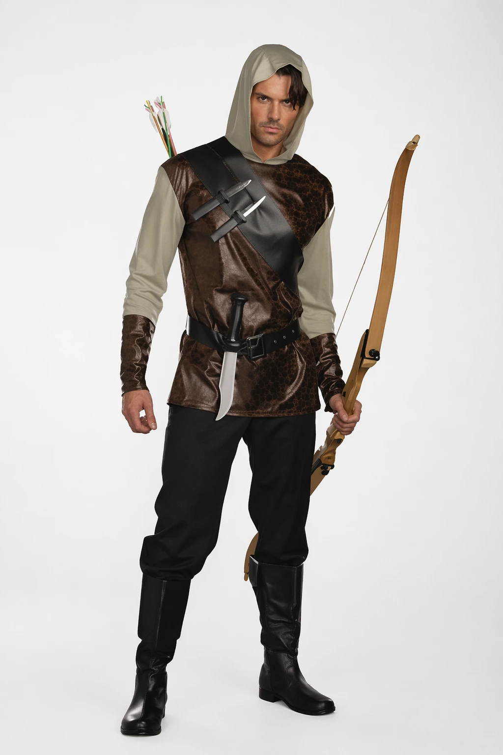 Hooded brown and black medieval archer costume with belt, dagger, bow, arrow quiver, and tall black boots.