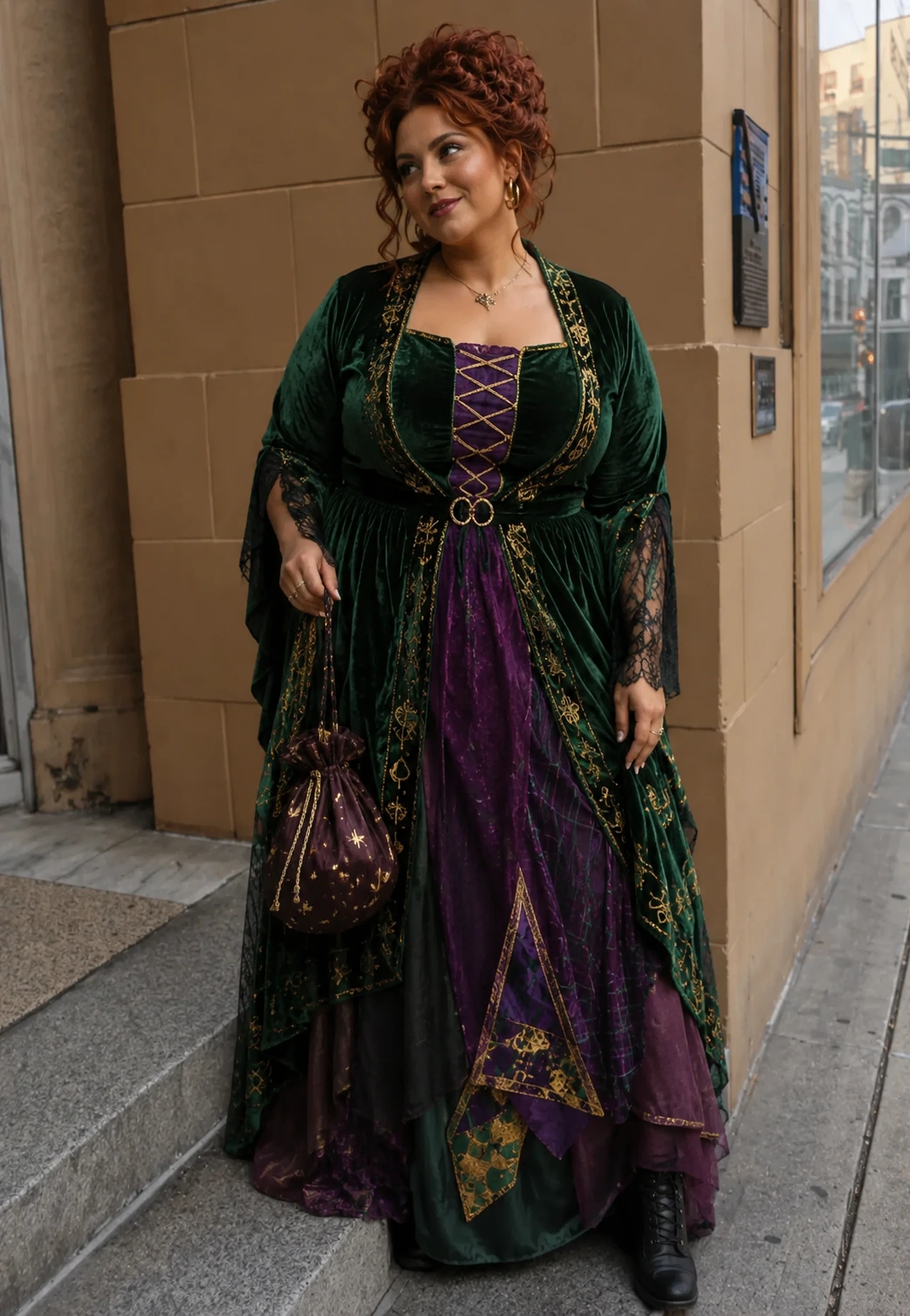 Curvy woman in layered green and purple fantasy robe, holding a starry pouch, with boots and gold trim.