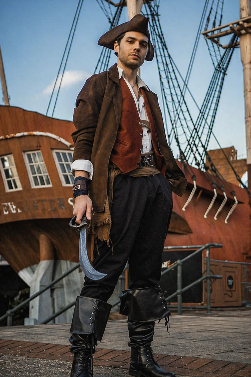 Pirate-inspired outfit with brown coat, tricorn hat, red vest, loose black trousers, and tall boots near ship rigging.