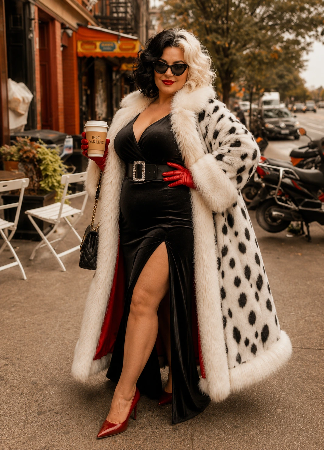 Black satin dress with thigh slit, red gloves, spotted faux fur coat, and red heels outdoors.