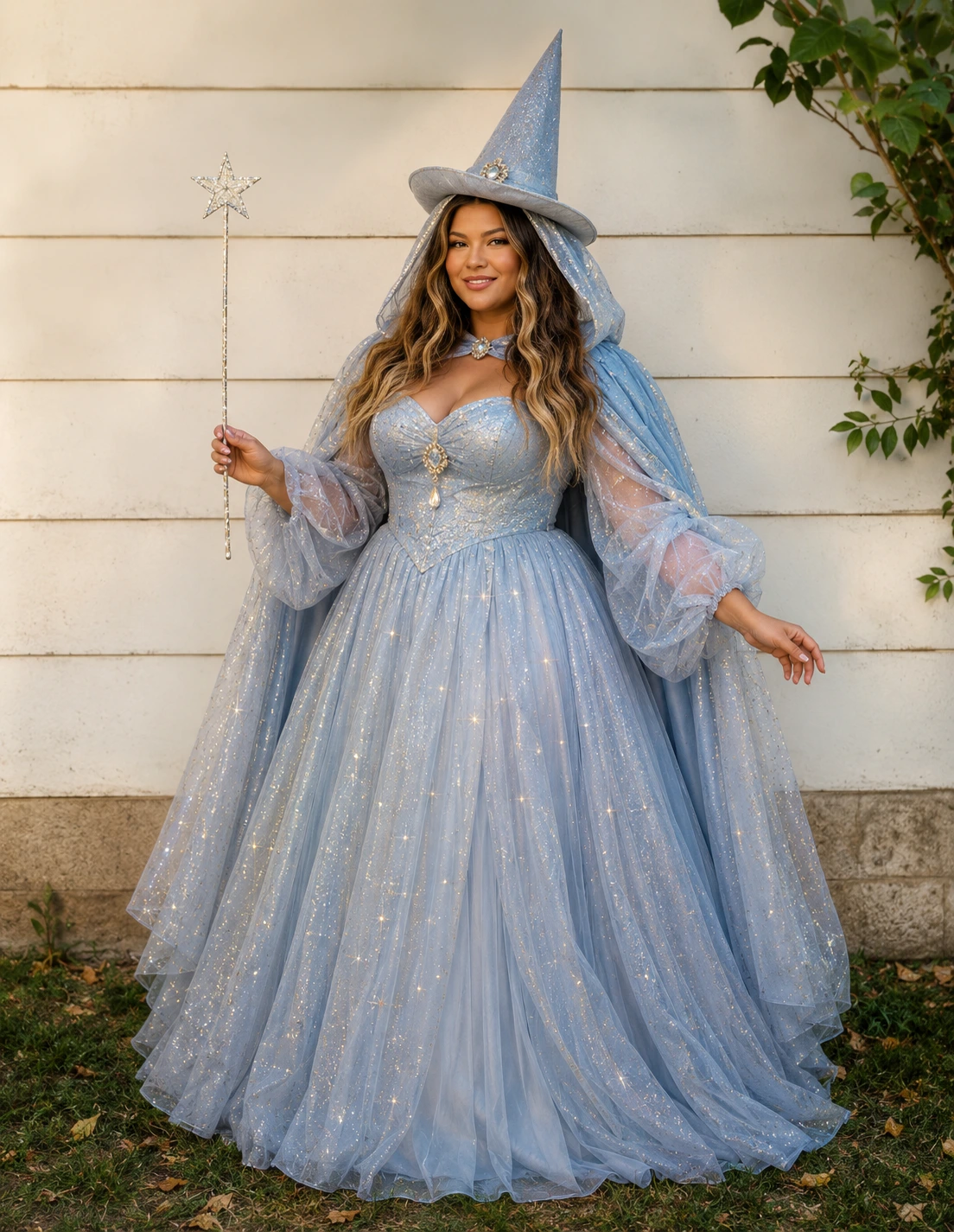 Light blue glittery witch costume with tall pointed hat, sheer cape sleeves, wand, and full flowing skirt.