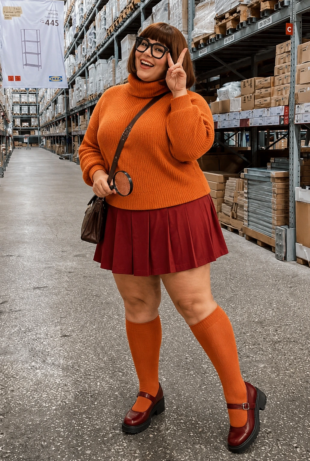 Orange turtleneck sweater paired with burgundy pleated skirt, knee socks, Mary Janes, and crossbody bag.