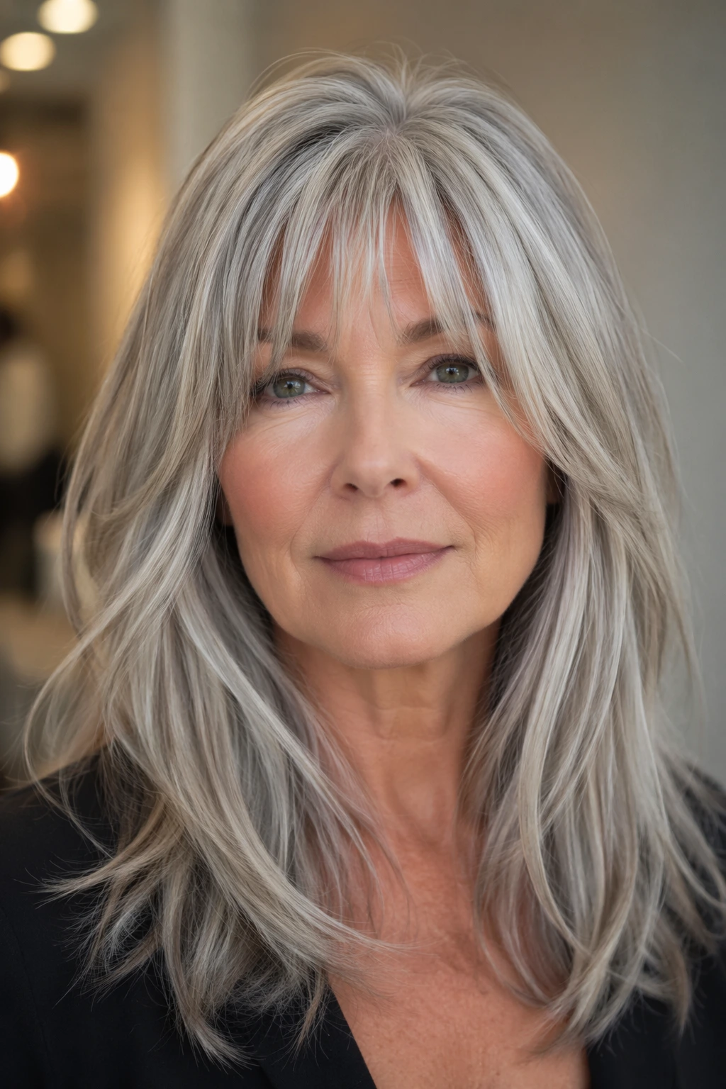 Long ash-blonde hair with face-framing layers, light wispy bangs, and a smooth, softly textured finish.