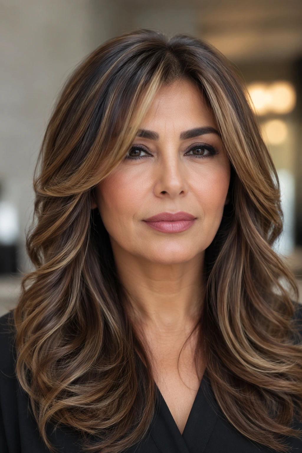 Long brunette hair with caramel highlights, smooth feathered layers, and loose curls through the ends.