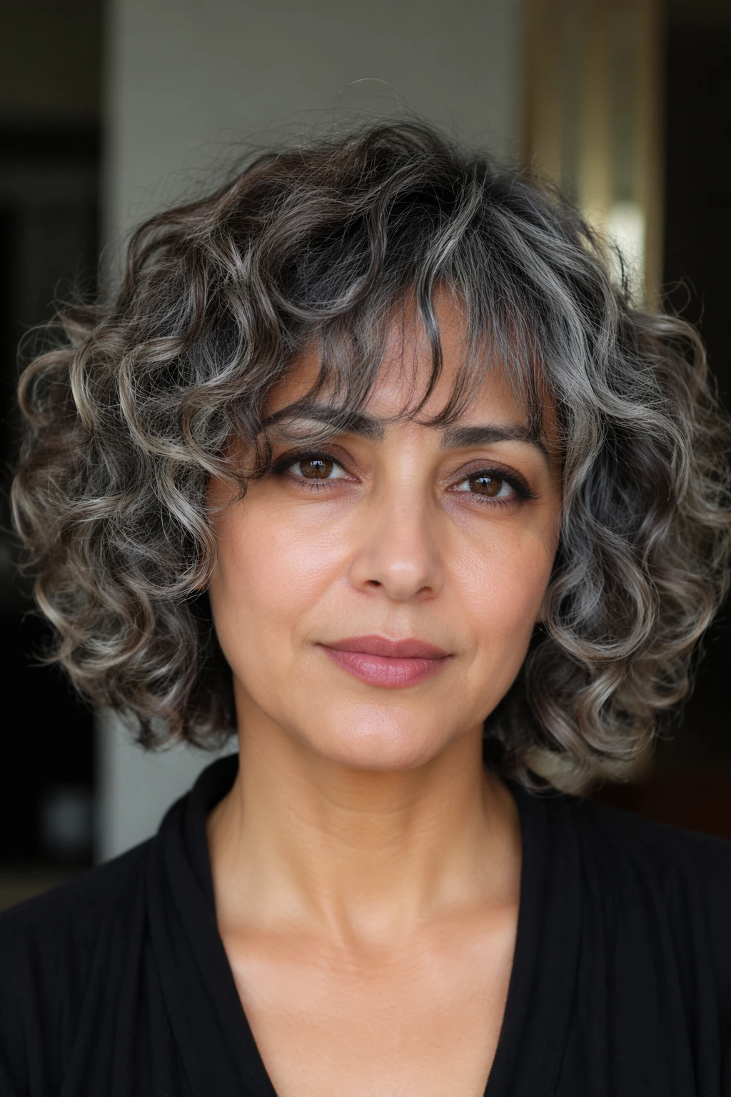 Short curly bob with dark salt-and-pepper texture, loose ringlets, and wispy bangs grazing the forehead.