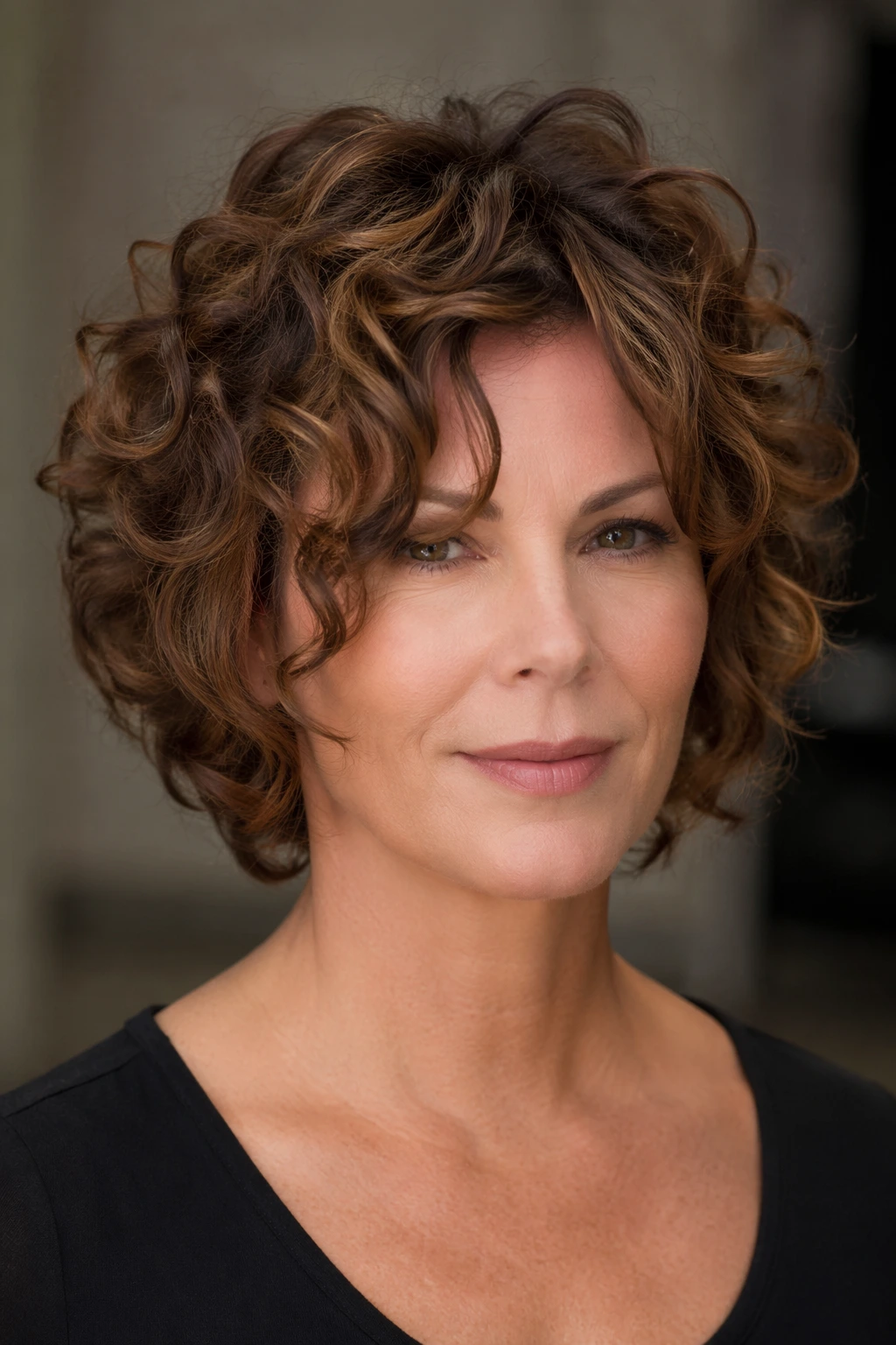 Short chestnut curls with caramel highlights sit just above the jaw, styled with bouncy layers and fringe.