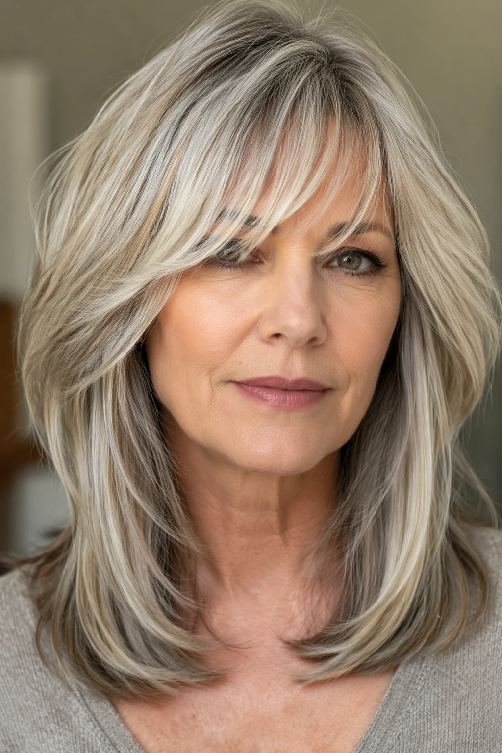 Long layered blonde-silver hair with side-swept fringe, smooth volume, and softly curved ends around the shoulders.