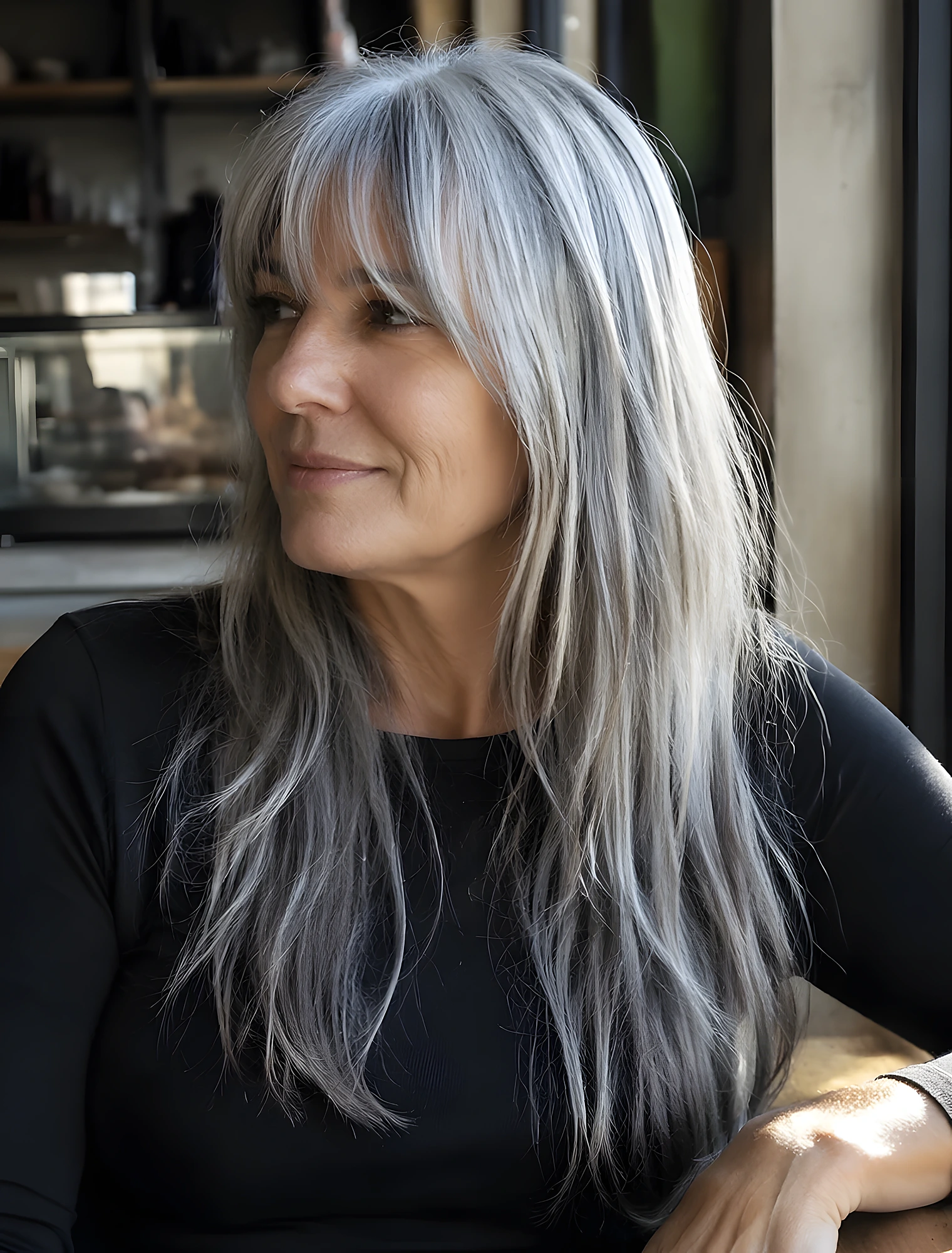 Long straight gray hair with wispy bangs, smooth lengths, and subtle layering that frames the face softly.