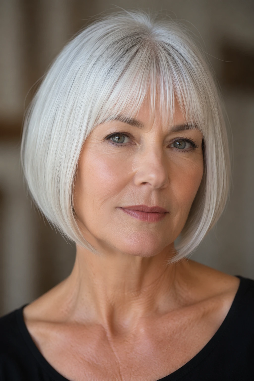 Smooth platinum bob cut to the jawline, featuring straight blunt bangs and a polished, tucked-under silhouette.
