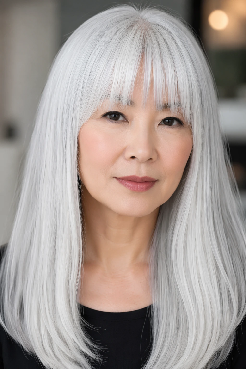 Long, straight silver hair with soft curtain bangs, center part, and smooth polished finish framing the face.