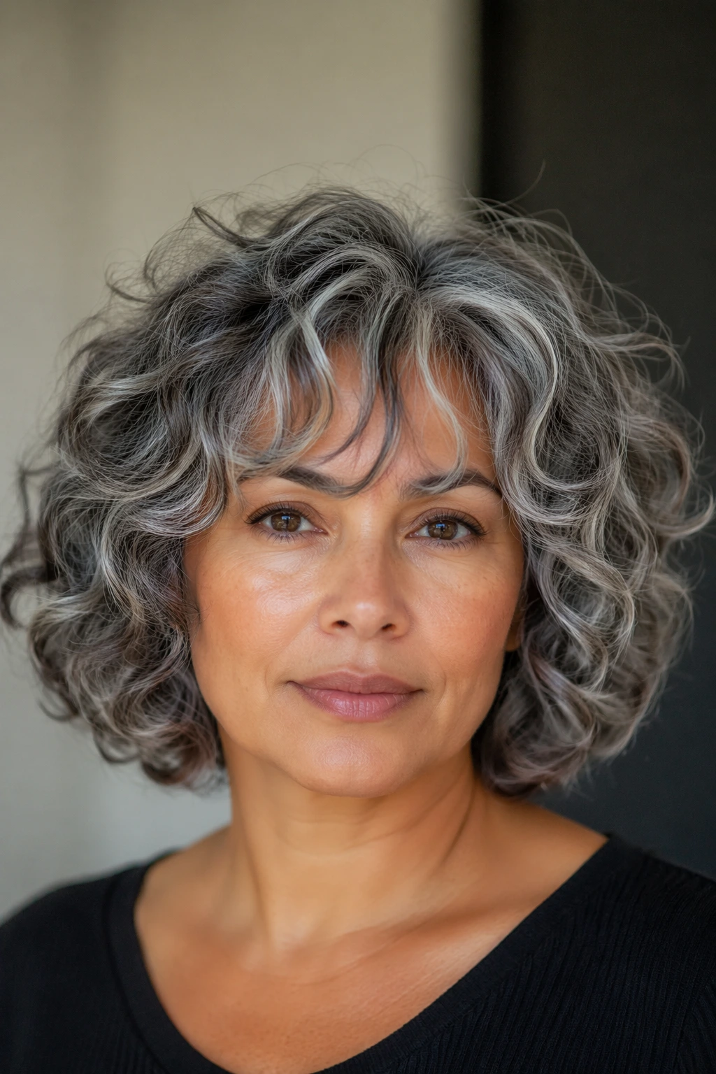 Layered salt-and-pepper curls create a chin-length bob with natural bounce, loose fringe, and full, textured sides.