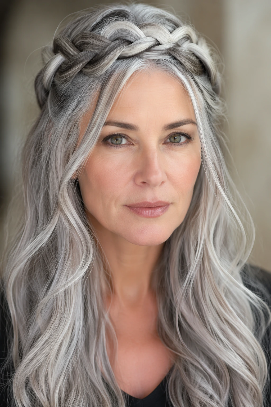 Long silver hair worn down with a braided crown, subtle waves, and softly blended front sections.