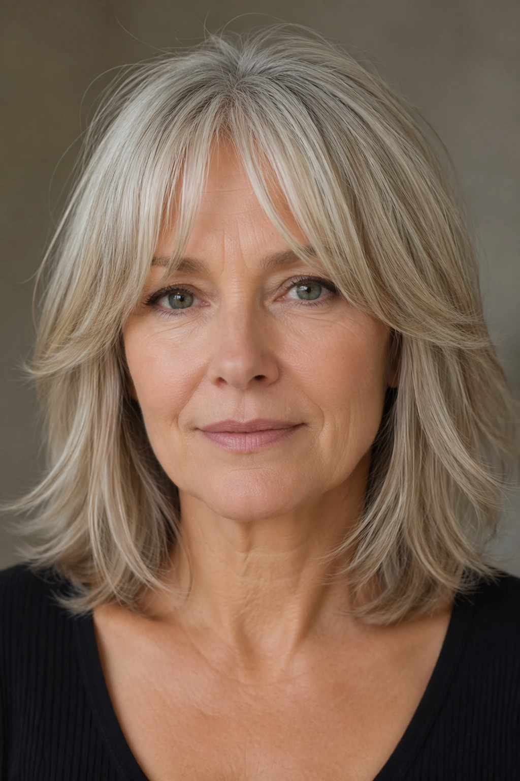 Shoulder-length silver-blonde lob with soft layers, wispy curtain bangs, and a lightly feathered finish around the face.
