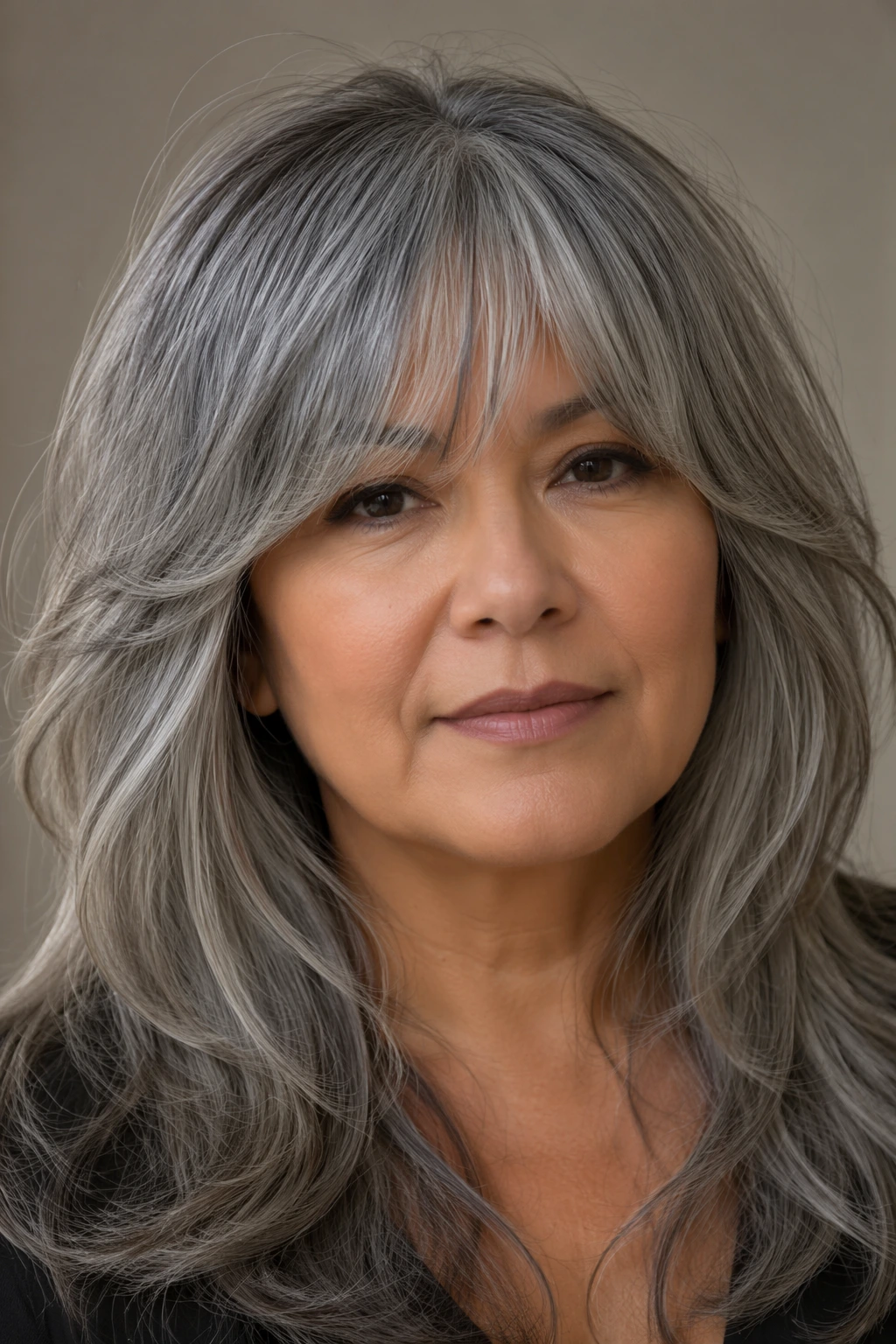 Long gray hair with flowing layers, face-framing movement, and a delicate fringe falling lightly across the forehead.