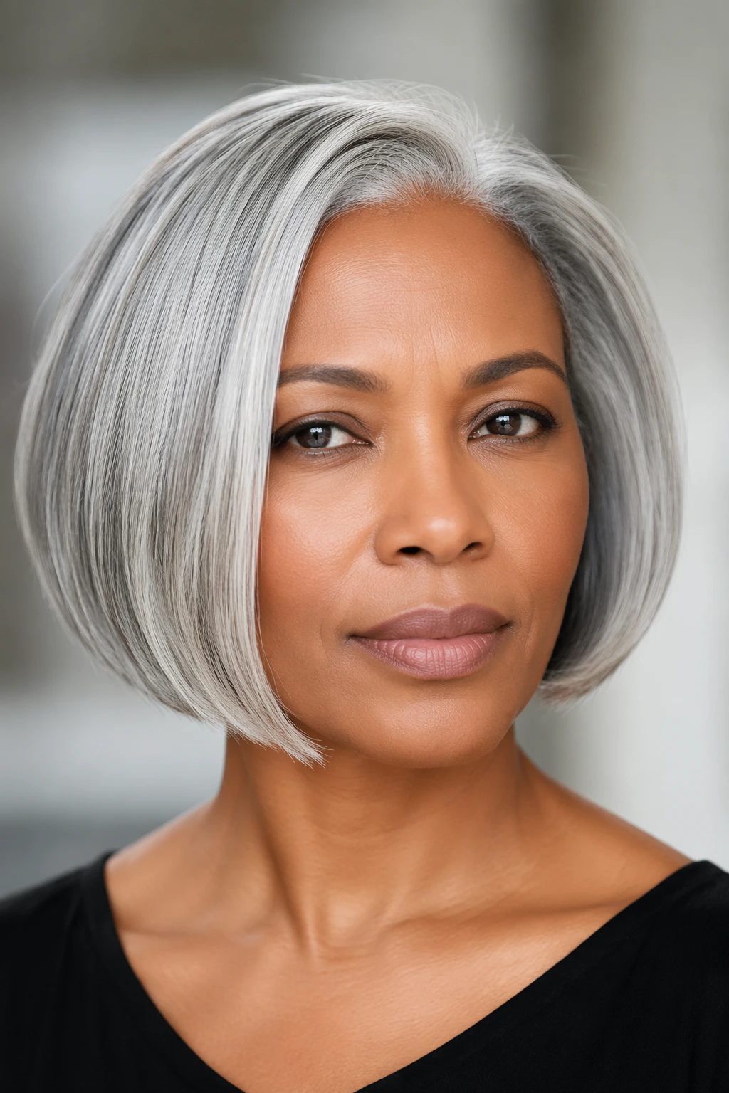 Chin-length silver bob with a smooth finish, blunt perimeter, and subtle inward curve at the ends.