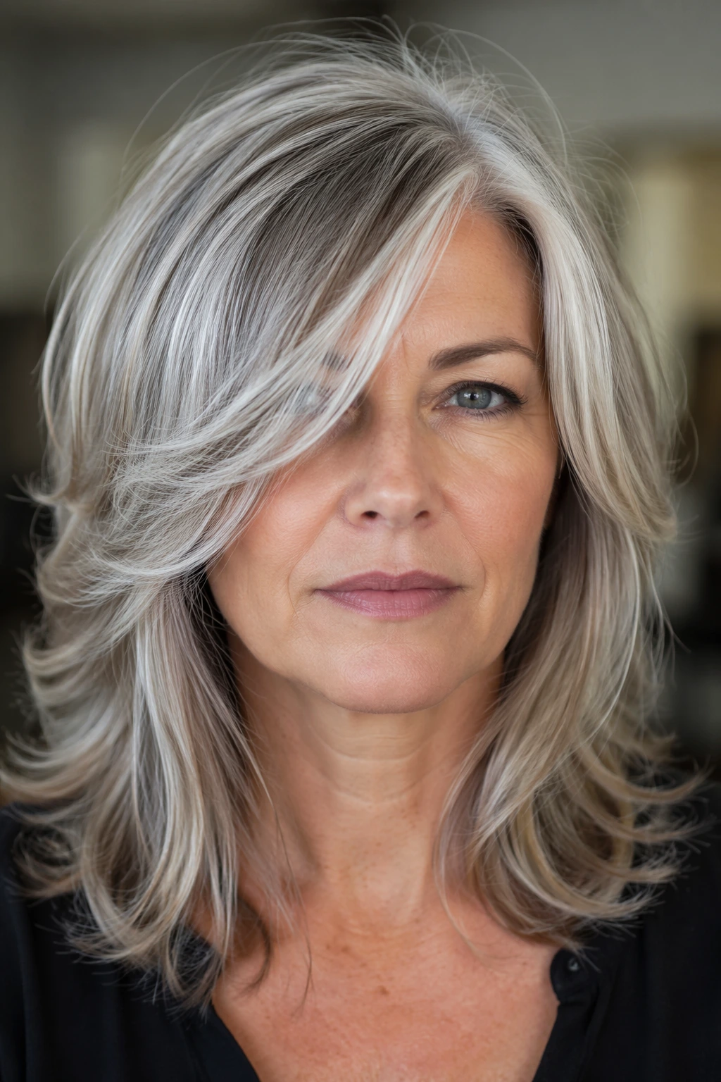 Medium-length silver hair with feathered layers, a deep side part, and face-framing volume around the cheeks.