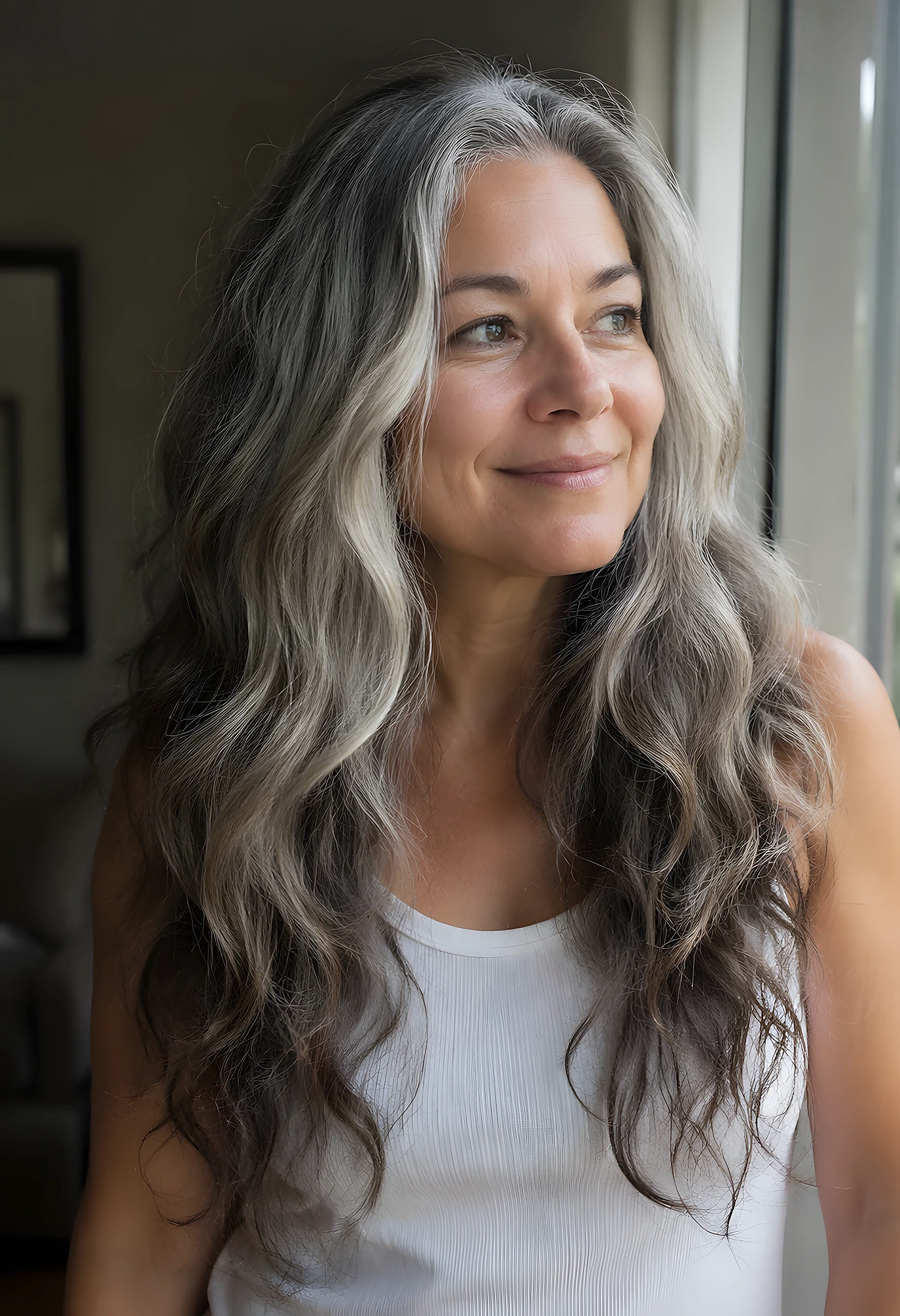Mature woman with long wavy hair, dark charcoal lengths, silver streaks, and a natural side part.