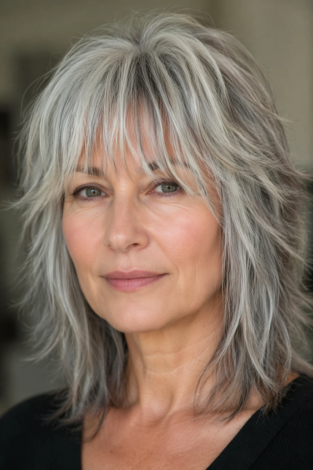 Shoulder-length silver-gray shag cut with airy layers, soft texture, and light, eyebrow-skimming bangs framing the face.