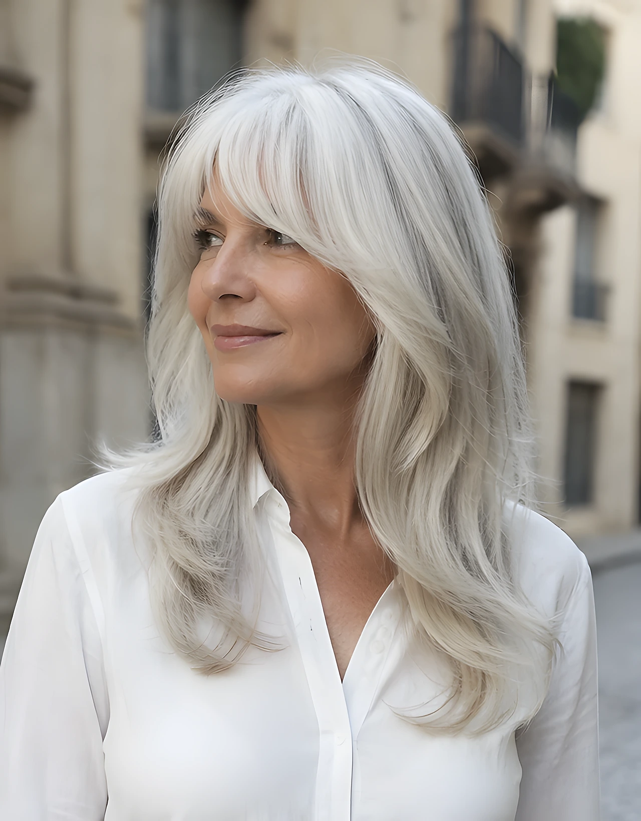 Long white hair with soft curtain bangs, feathered layers, and airy ends, worn sleek with subtle movement.