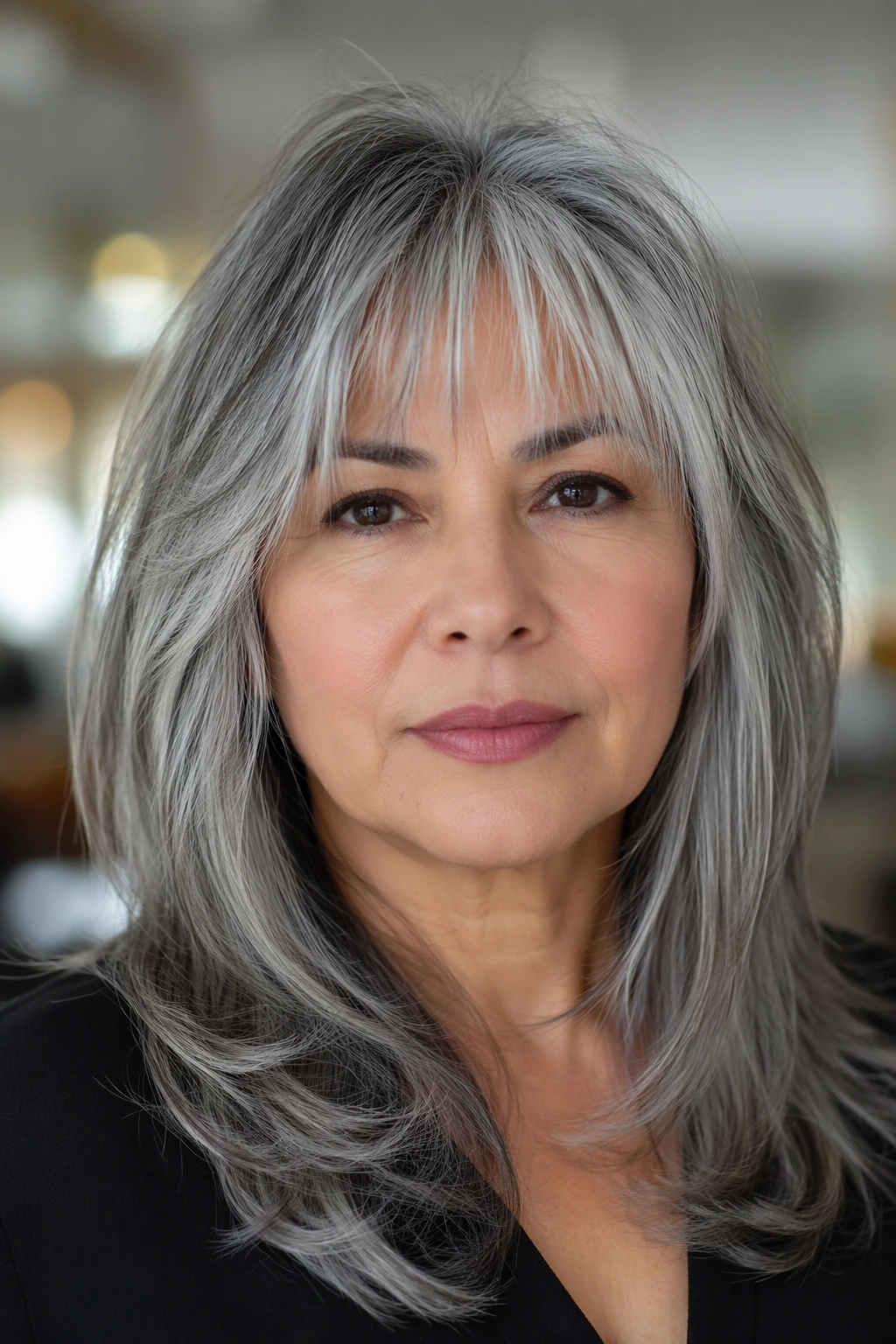Medium-length gray lob with light wispy bangs, subtle layering, and a polished, softly tucked-under shape.