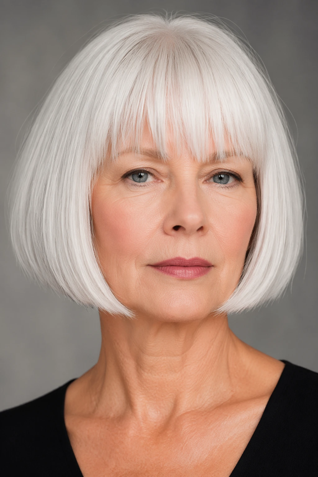 Chin-length white bob with straight texture, full blunt bangs, and a polished rounded silhouette.