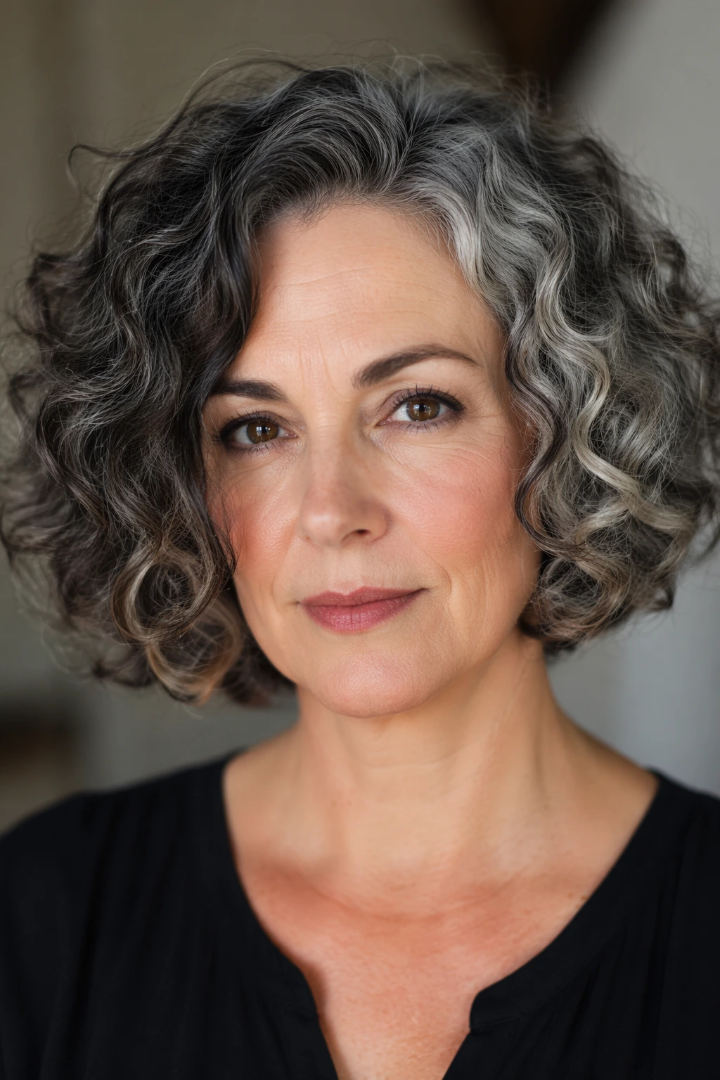 Short rounded curls mix charcoal and silver tones, creating a compact bob with side sweep and full body.