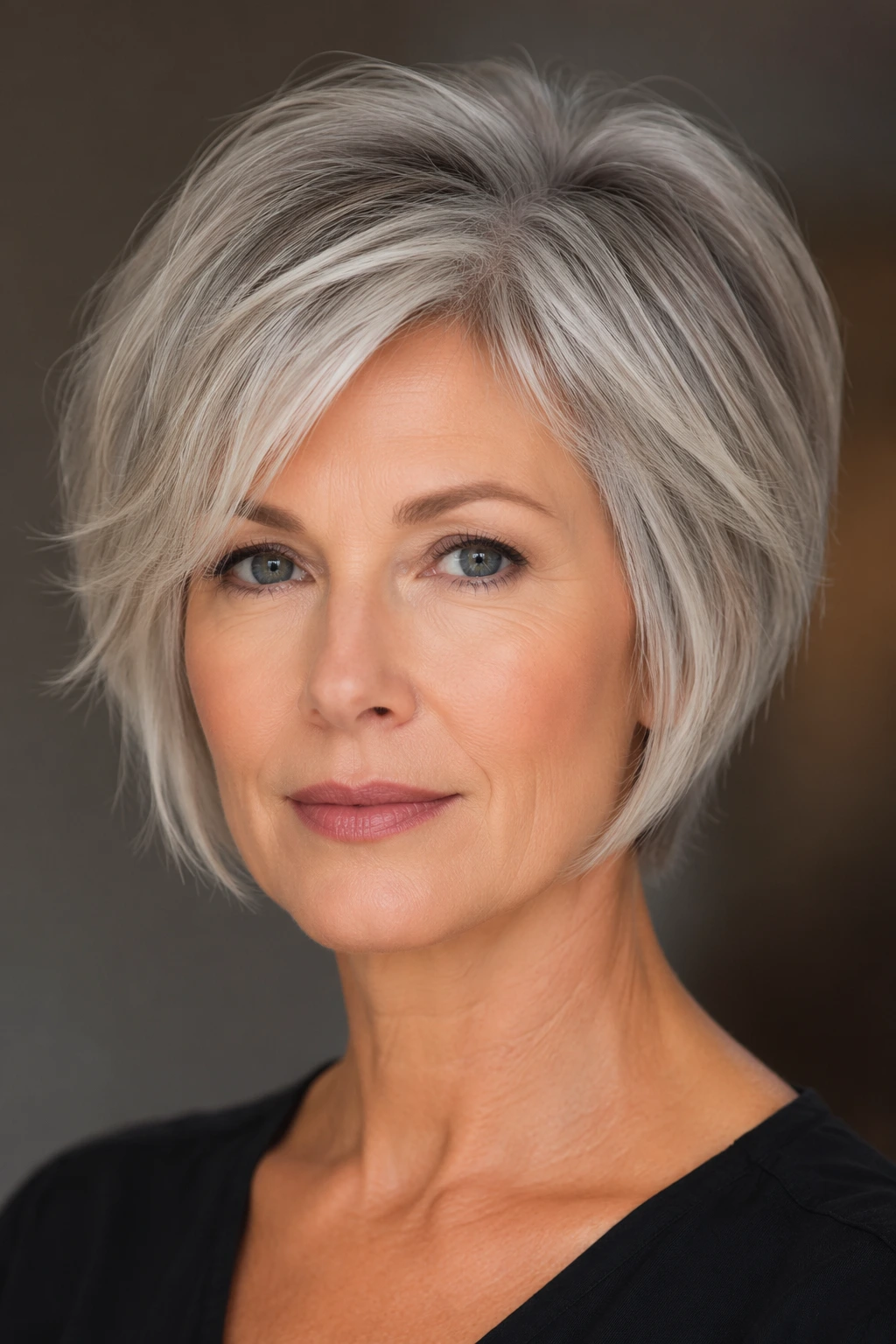 Soft ash-blonde pixie with airy layers, side-parted movement, and a rounded shape around the ears.