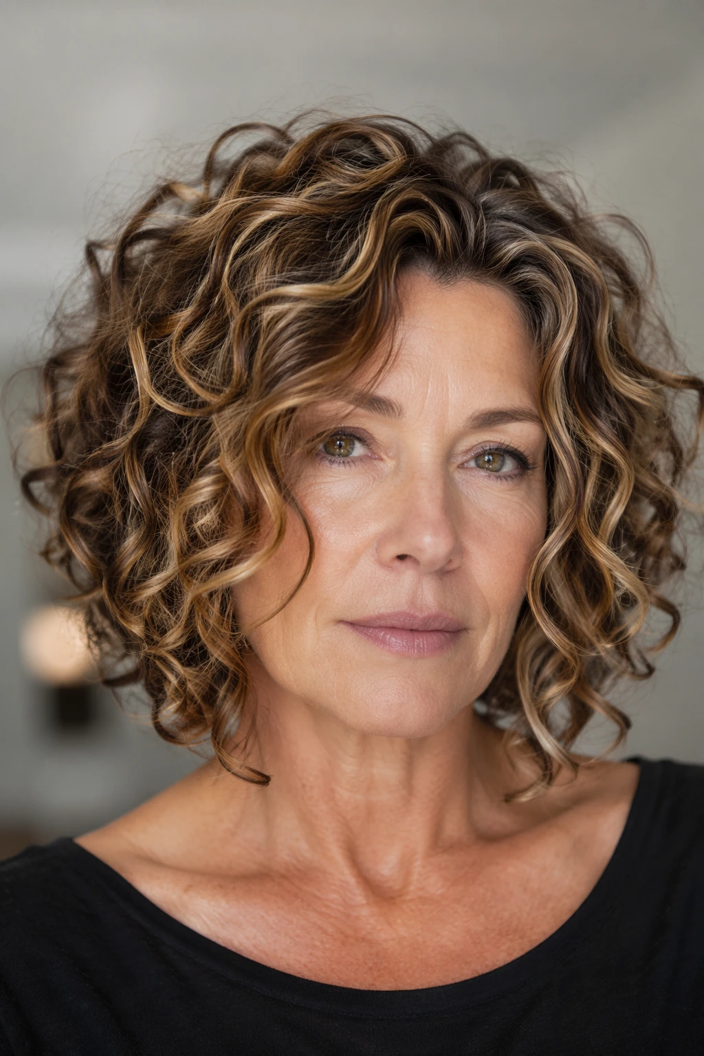 Tight golden-brown curls form a voluminous bob, with face-framing tendrils, layered shape, and natural movement.