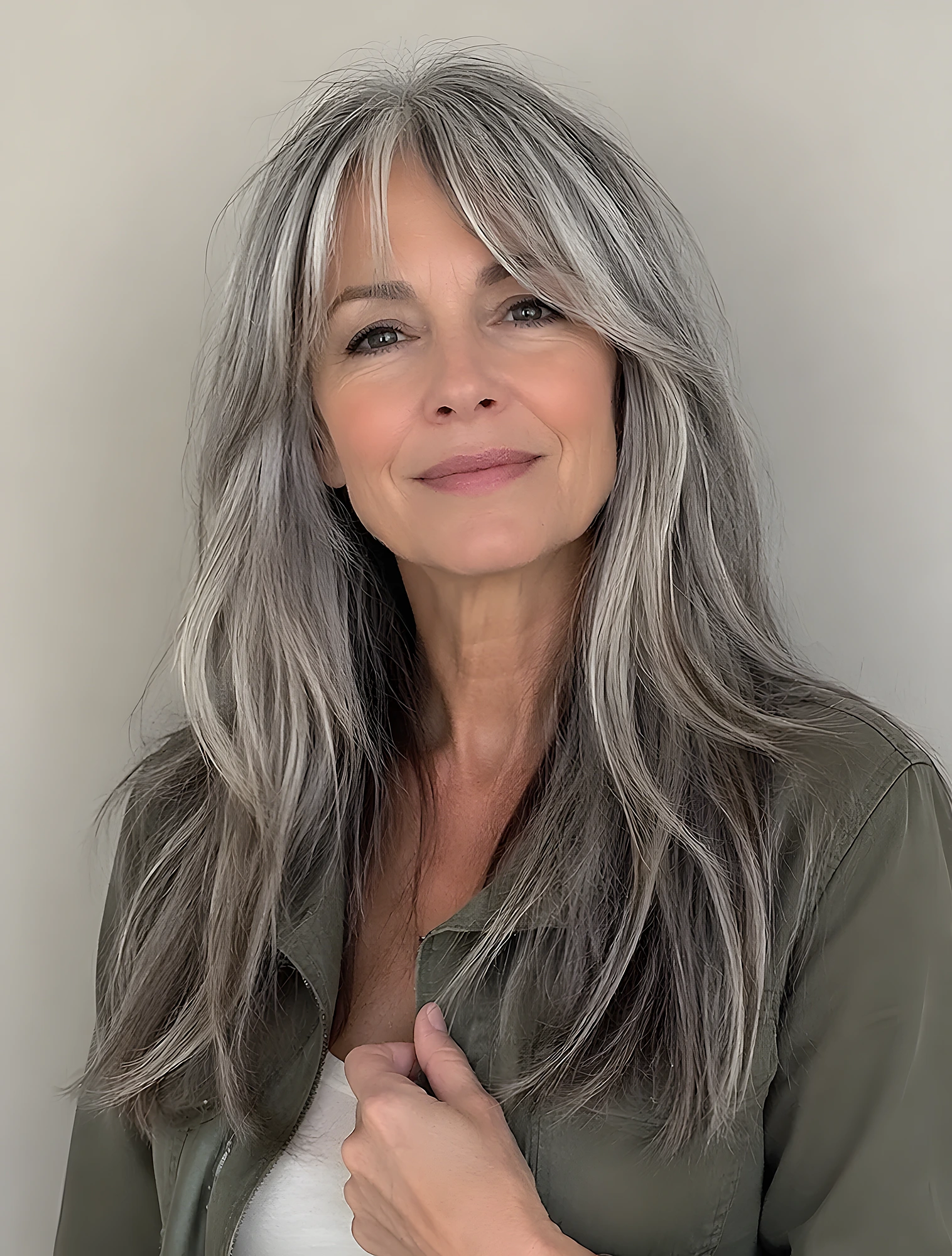 Older woman with long layered gray hair, subtle curtain bangs, airy texture, and a relaxed center part.